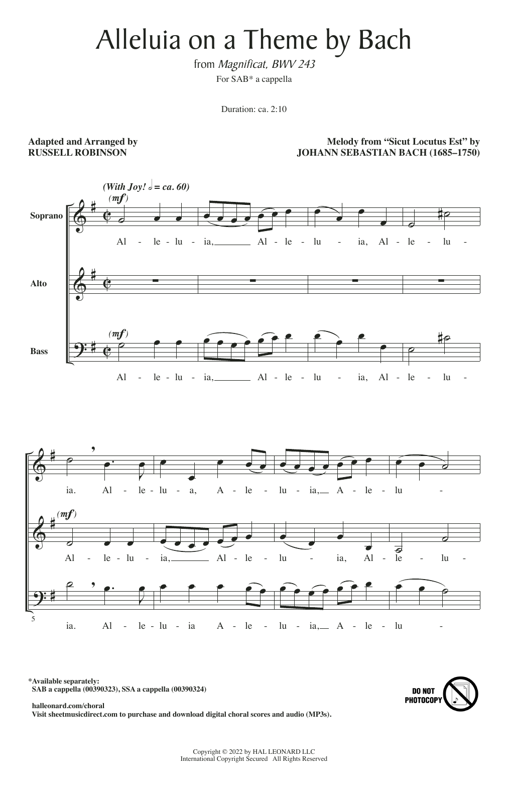 Download Johann Sebastian Bach Alleluia On A Theme By Bach (from Magnificat, BWV 243) (arr. Russell Robinson) Sheet Music and learn how to play SSA Choir PDF digital score in minutes