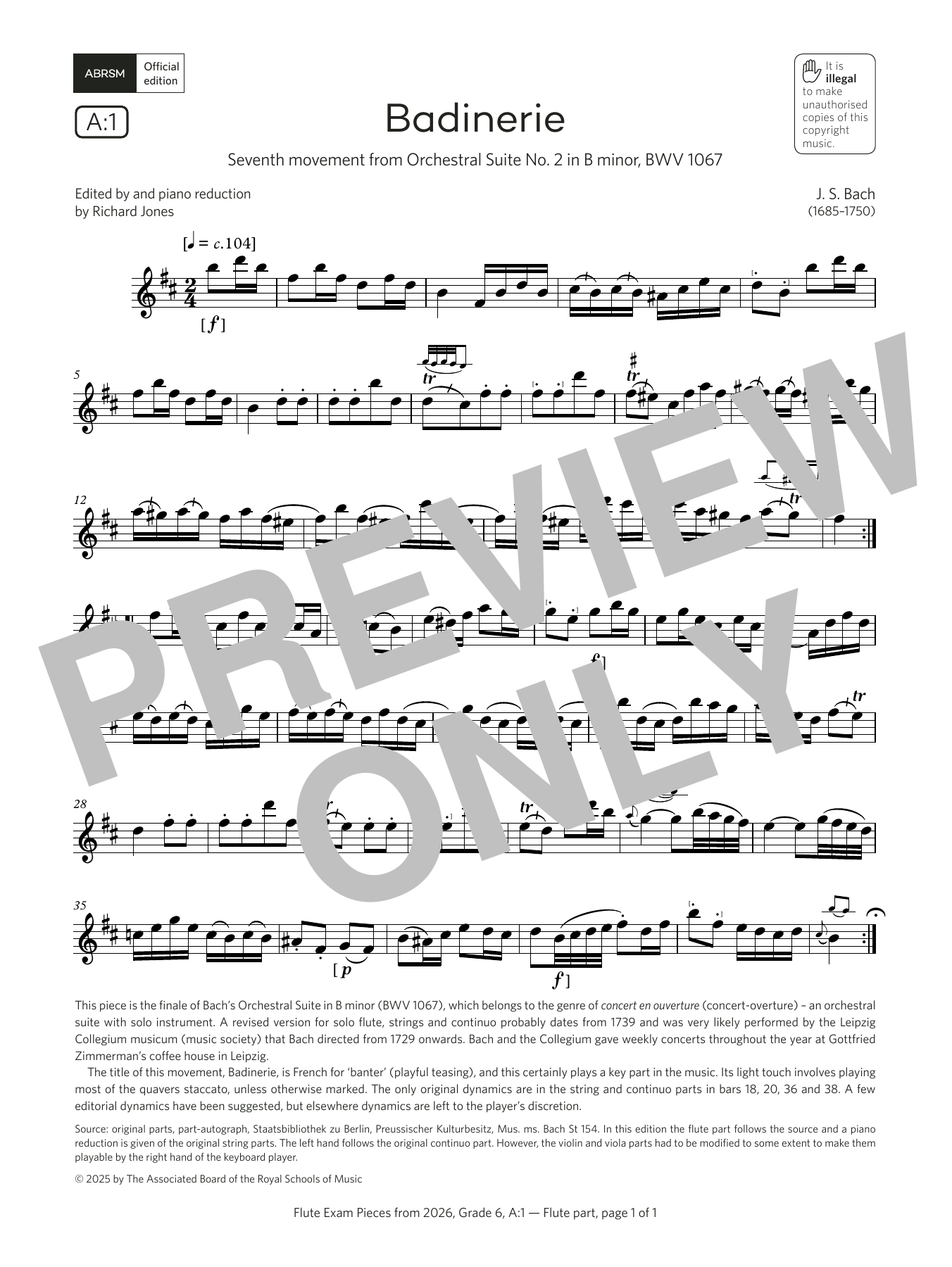 Download Johann Sebastian Bach Badinerie (Grade 6, list A1, from the ABRSM Flute Syllabus from 2026) Sheet Music and learn how to play Flute Solo PDF digital score in minutes