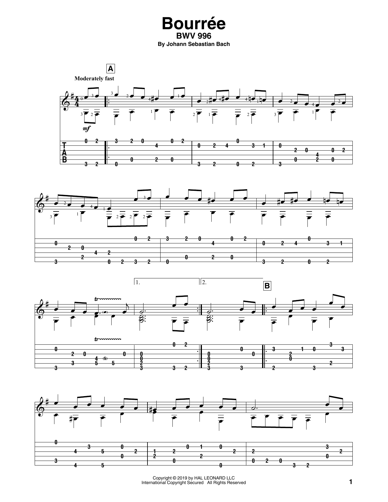 Download Johann Sebastian Bach Bouree (arr. Bill LaFleur) Sheet Music and learn how to play Solo Guitar PDF digital score in minutes