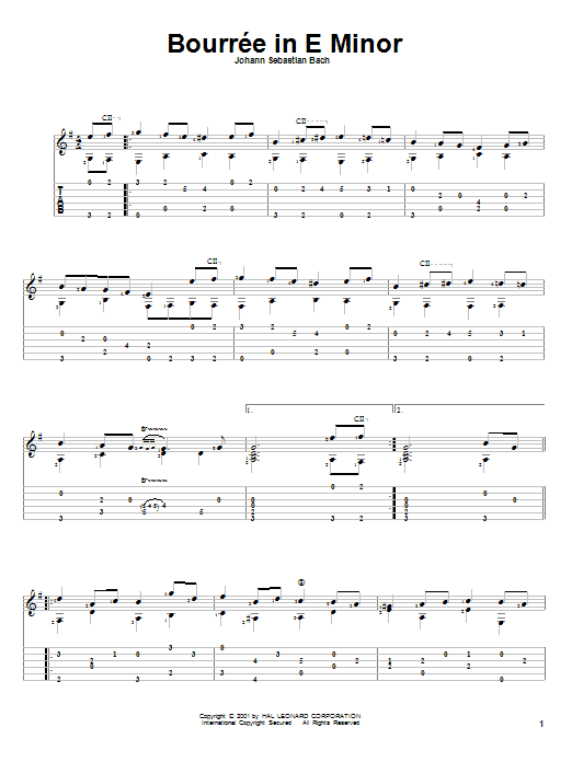 Download Johann Sebastian Bach Bourrée In E Minor Sheet Music and learn how to play Guitar Tab Play-Along PDF digital score in minutes