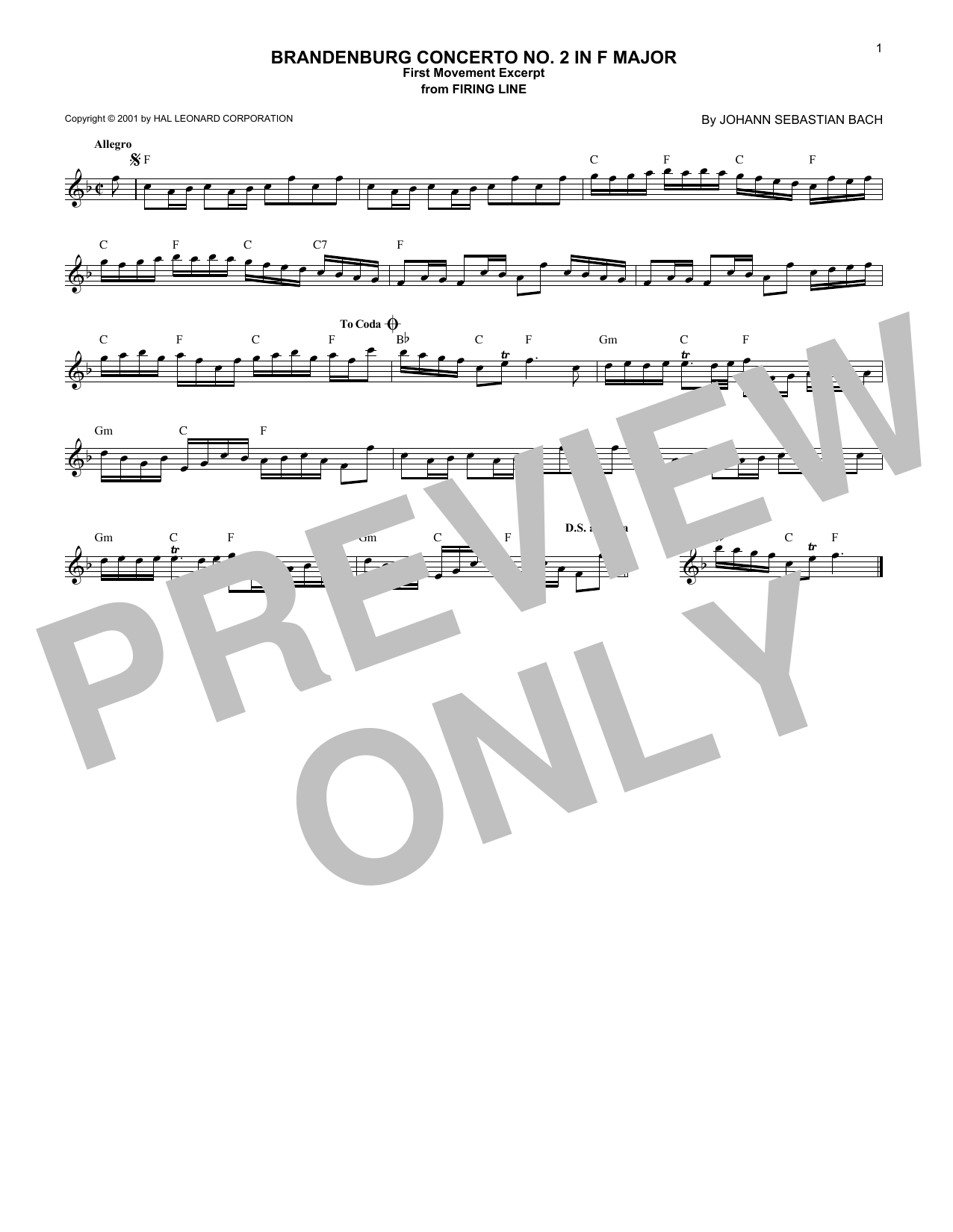 Download Johann Sebastian Bach Brandenburg Concerto No. 2 in F Major, First Movement Excerpt Sheet Music and learn how to play Piano Solo PDF digital score in minutes