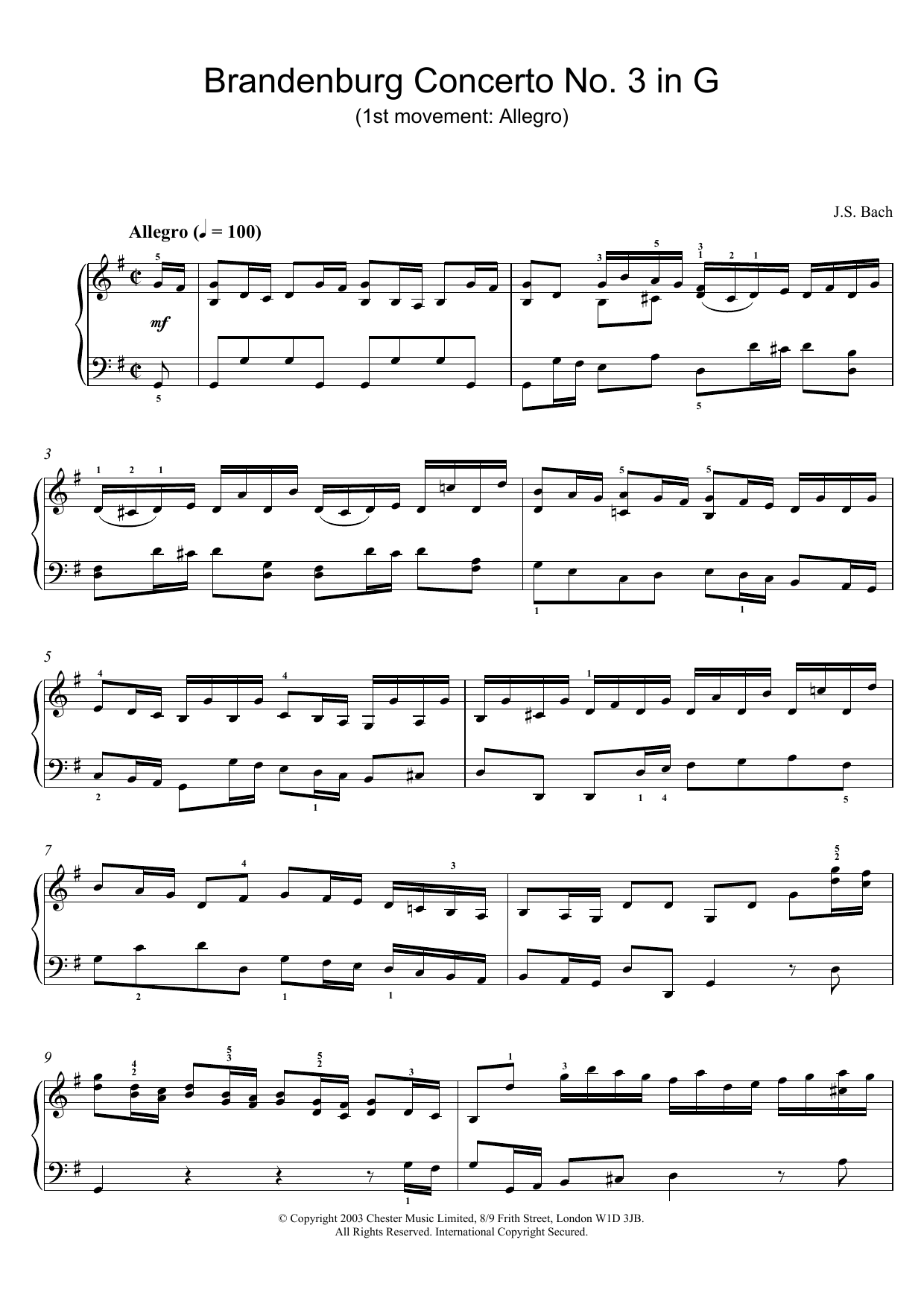 Download J.S. Bach Brandenburg Concerto No. 3 in G (1st movement: Allegro) Sheet Music and learn how to play Piano PDF digital score in minutes