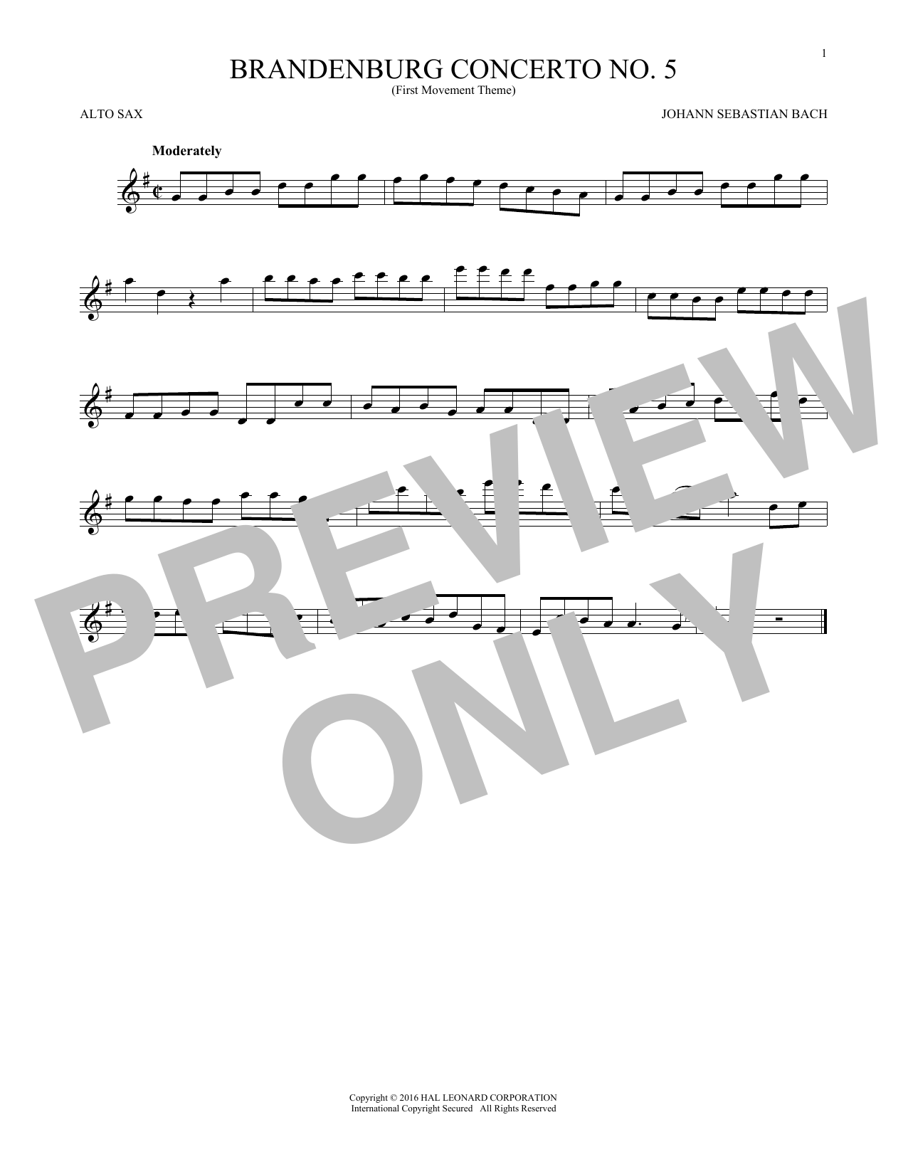 Download Johann Sebastian Bach Brandenburg Concerto No. 5 Sheet Music and learn how to play Alto Saxophone PDF digital score in minutes