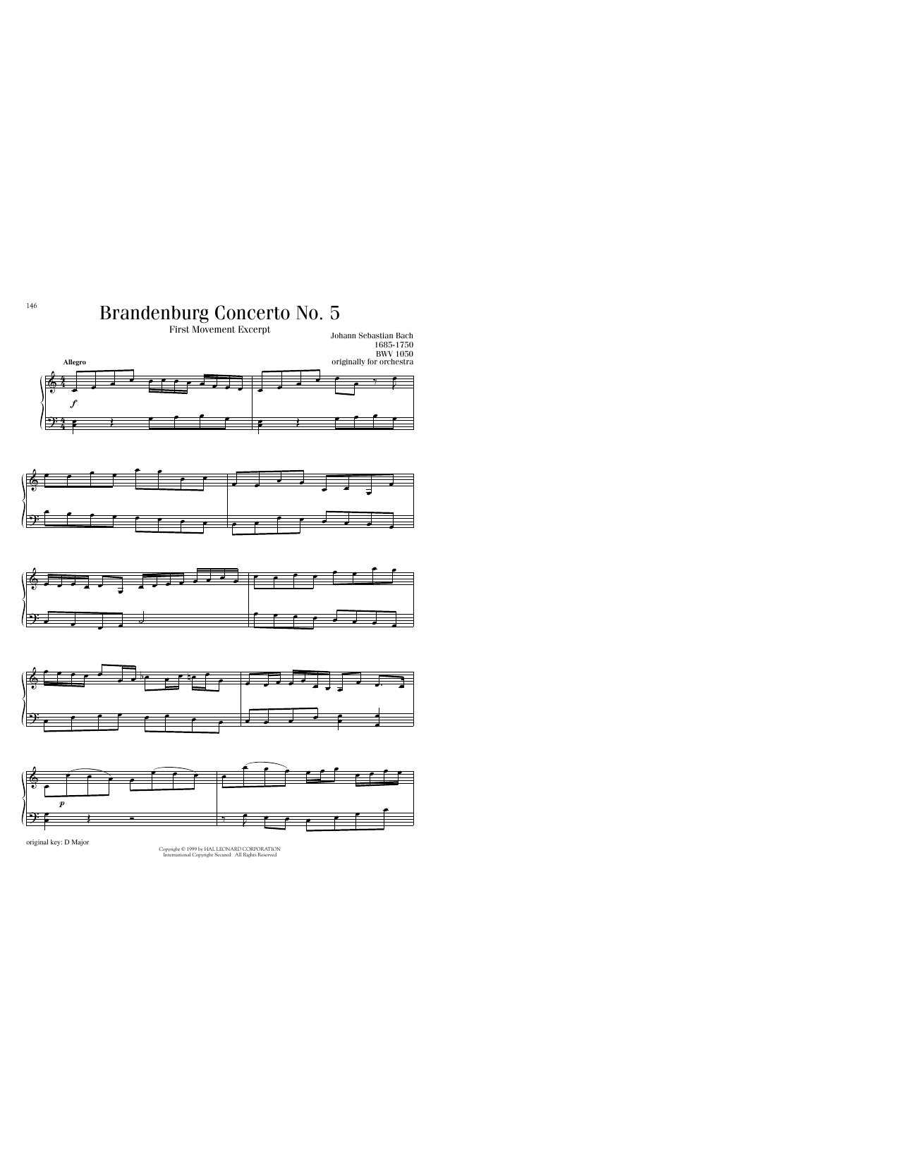 Download Johann Sebastian Bach Brandenburg Concerto No. 5 in D Major, First Movement Excerpt Sheet Music and learn how to play Piano Solo PDF digital score in minutes