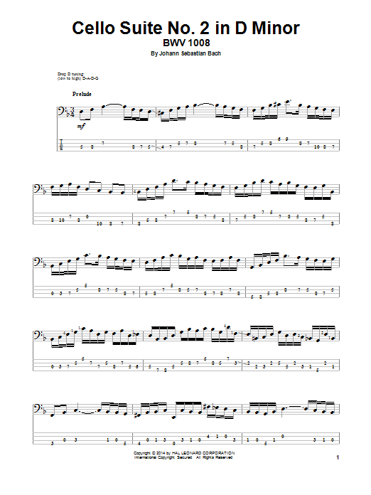 Download J.S. Bach Cello Suite No. 2 In D Minor, BWV 1008 Sheet Music and learn how to play Bass Guitar Tab PDF digital score in minutes