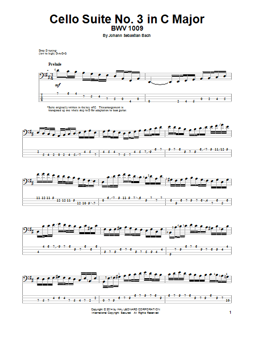 Download J.S. Bach Cello Suite No. 3 In C Major, BWV 1009 Sheet Music and learn how to play Bass Guitar Tab PDF digital score in minutes
