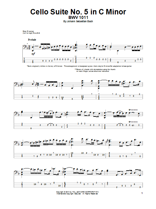 Download J.S. Bach Cello Suite No. 5 In C Minor, BWV 1011 Sheet Music and learn how to play Bass Guitar Tab PDF digital score in minutes