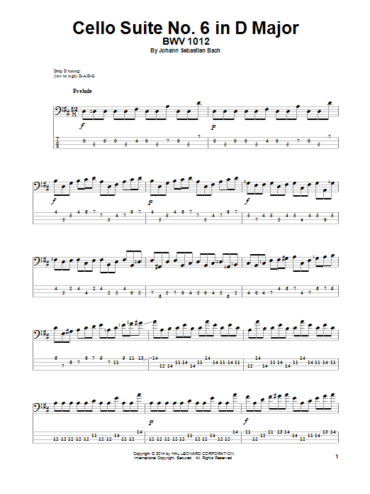 Download J.S. Bach Cello Suite No. 6 In D Major, BWV 1012 Sheet Music and learn how to play Bass Guitar Tab PDF digital score in minutes