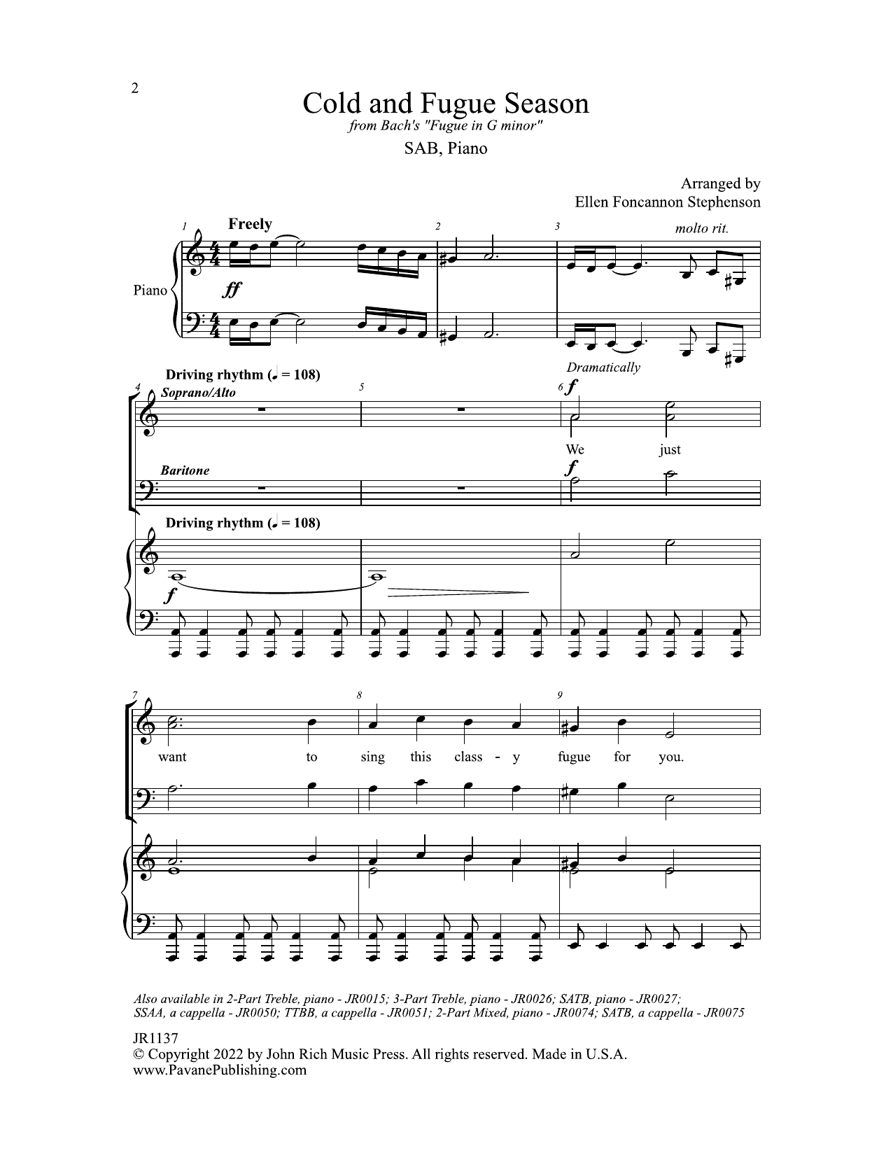 Download J.S. Bach Cold and Fugue Season (arr. Ellen Foncannon) Sheet Music and learn how to play SAB Choir PDF digital score in minutes