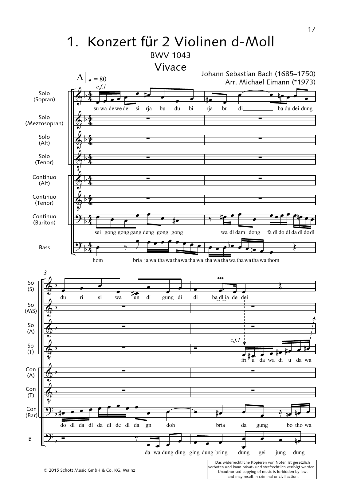 Download Johann Sebastian Bach Concerto for 2 Violins (Vivace) Sheet Music and learn how to play Choir PDF digital score in minutes