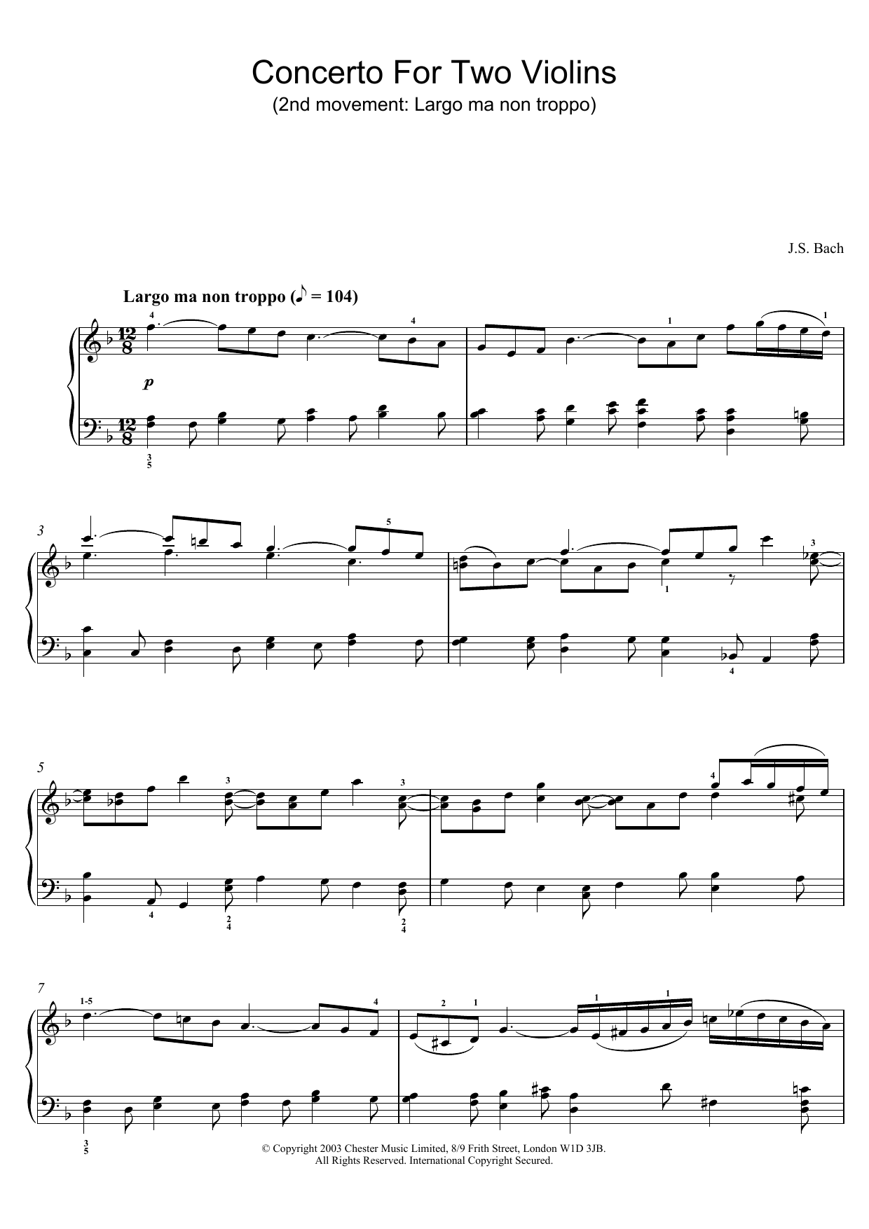 Download J.S. Bach Concerto for Two Violins (2nd Movement: Largo ma non Troppo) Sheet Music and learn how to play Violin PDF digital score in minutes