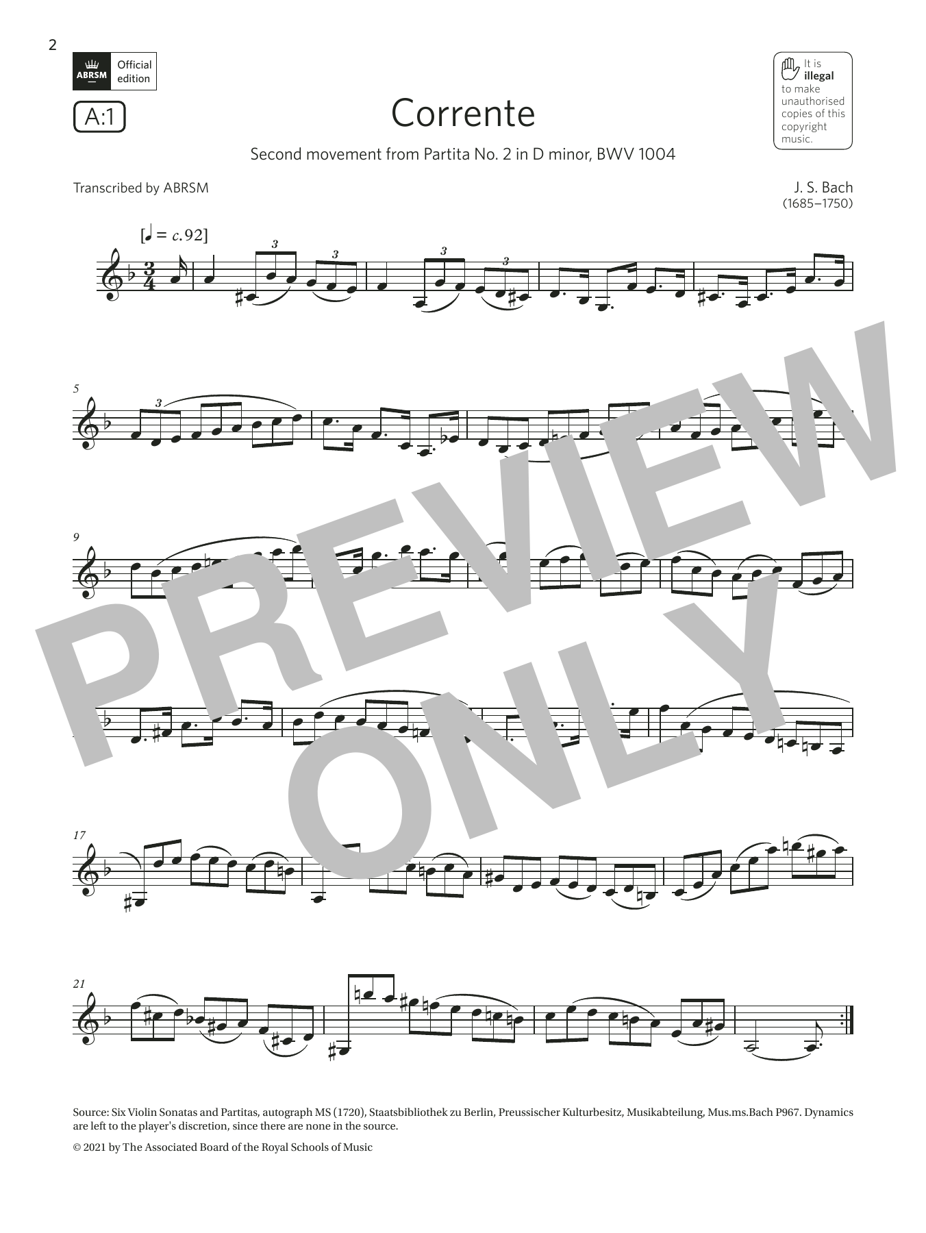 Download Johann Sebastian Bach Corrente (from Partita No2 in D minor) (Grade 6 List A1 from the ABRSM Clarinet Sheet Music and learn how to play Clarinet Solo PDF digital score in minutes