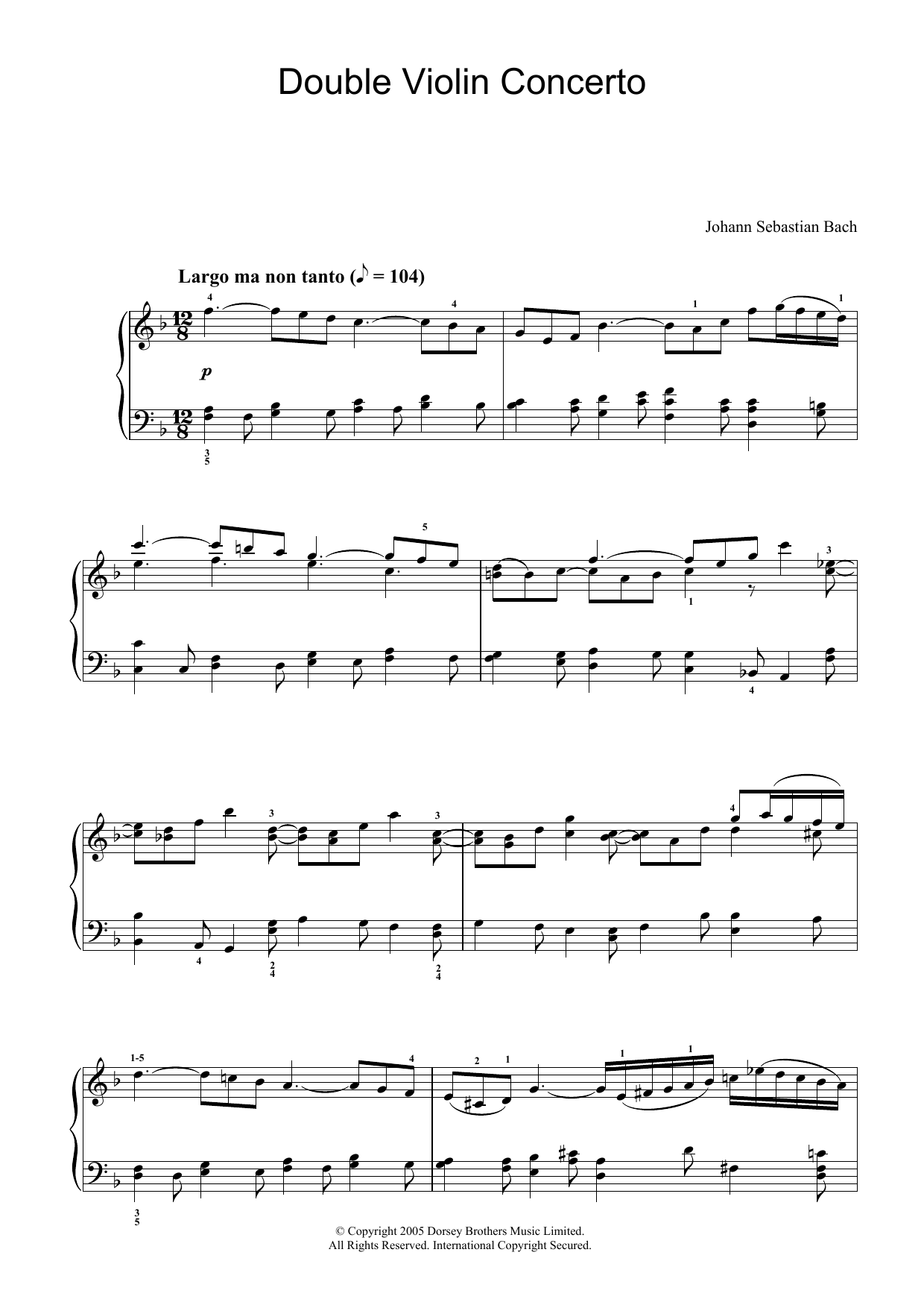 Download J.S. Bach Double Violin Concerto, 2nd Movement Sheet Music and learn how to play Piano PDF digital score in minutes