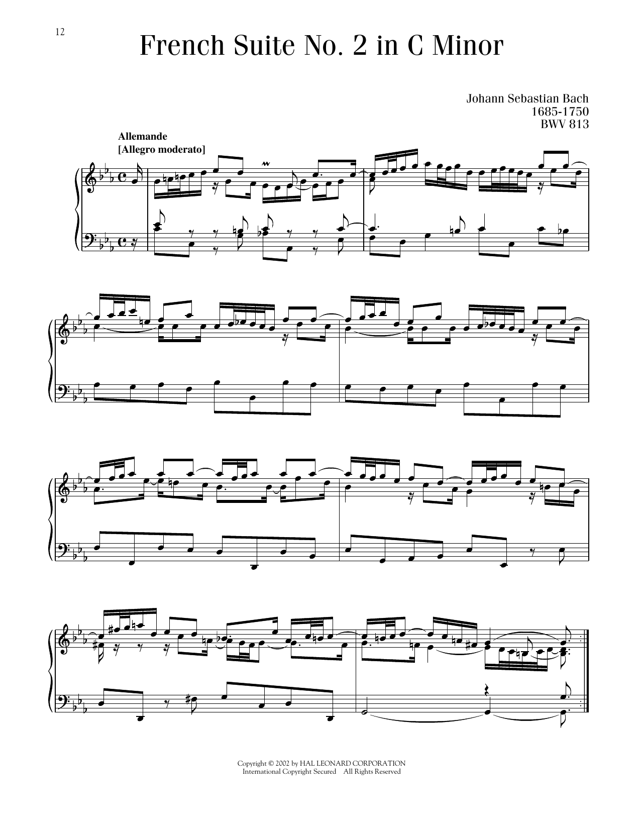 Download Johann Sebastian Bach French Suite No. 2, BWV 813 Sheet Music and learn how to play Piano Solo PDF digital score in minutes