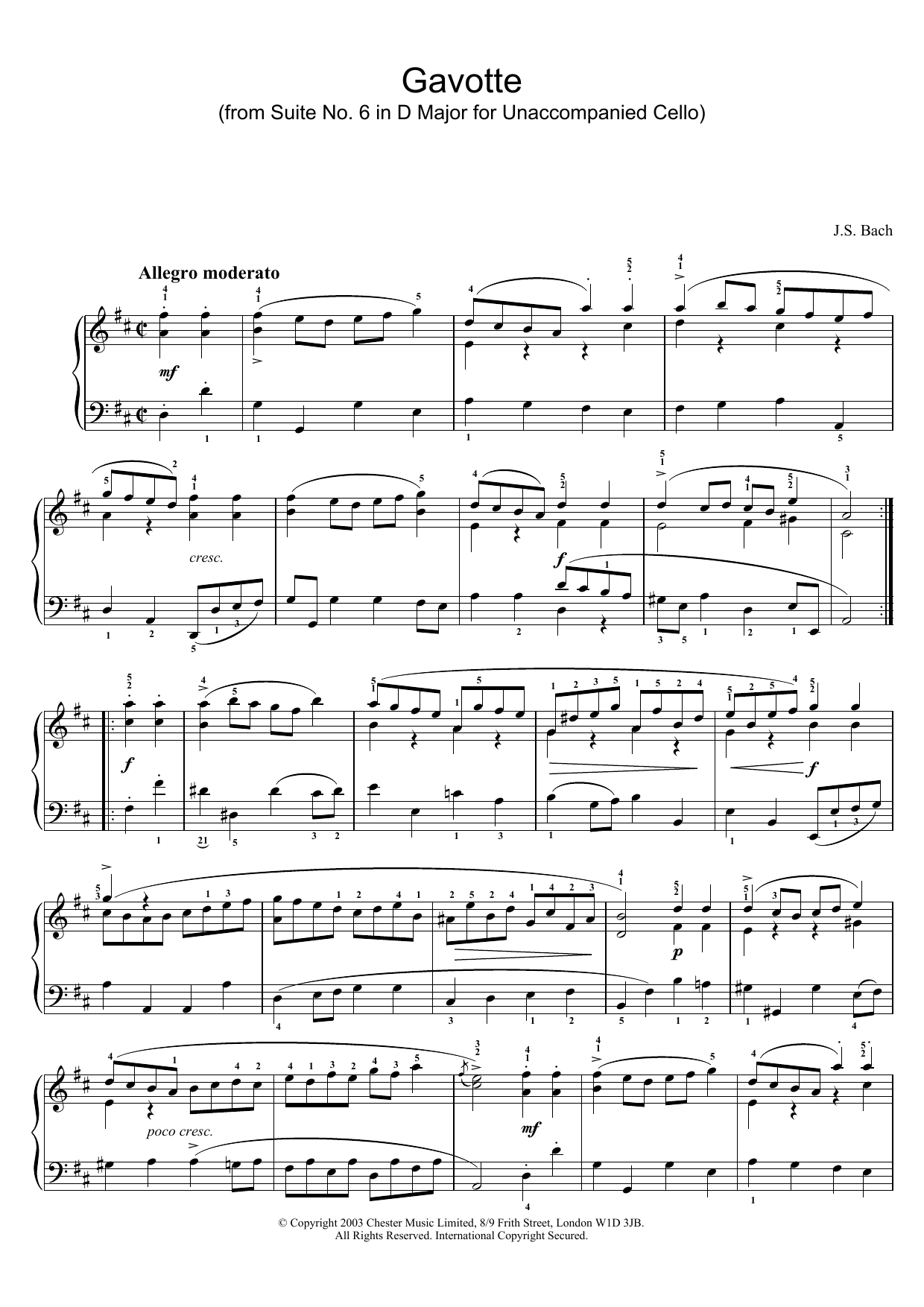 Download J.S. Bach Gavotte (from Suite No. 6 in D Major for Unaccompanied Cello) Sheet Music and learn how to play Piano PDF digital score in minutes