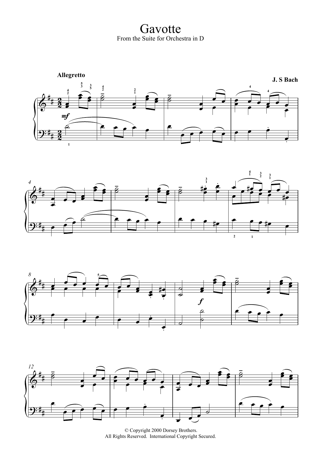 Download J.S. Bach Gavotte (from the Suite for Orchestra in D) Sheet Music and learn how to play Piano PDF digital score in minutes