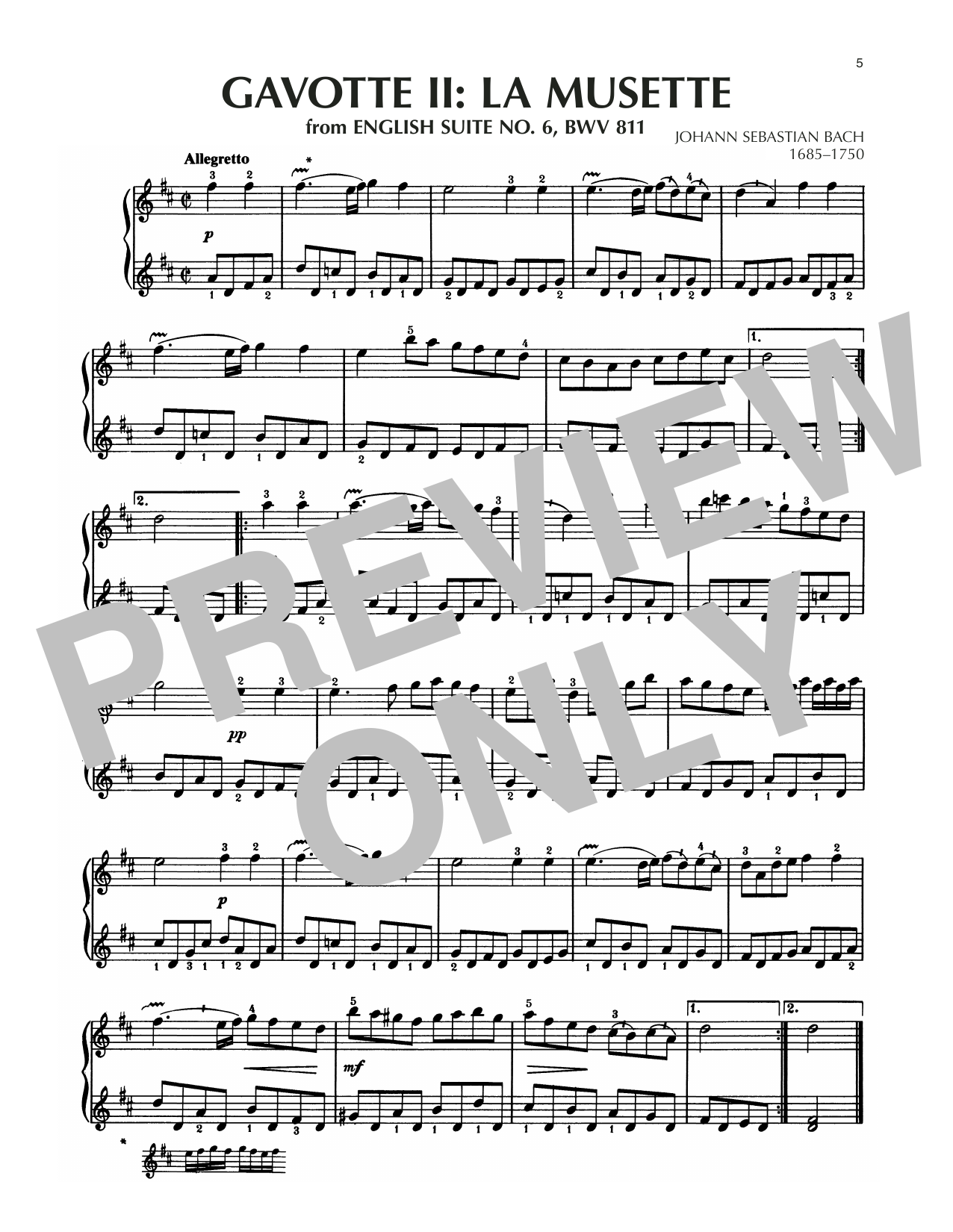 Download Johann Sebastian Bach Gavotte II In D Major, BWV 811 Sheet Music and learn how to play Piano Solo PDF digital score in minutes