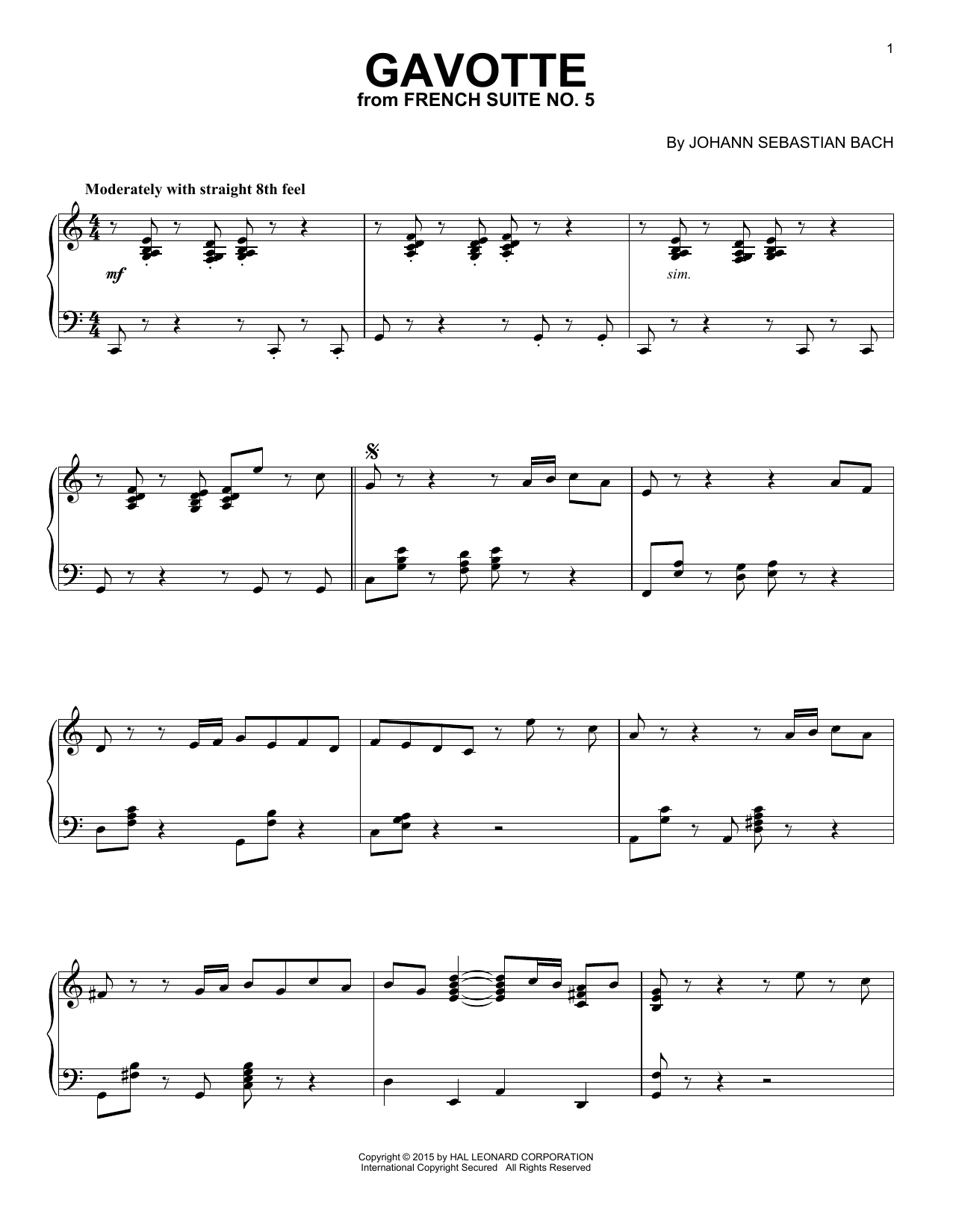 Download J.S. Bach Gavotte (from French Suite No. 5) Sheet Music and learn how to play Piano PDF digital score in minutes