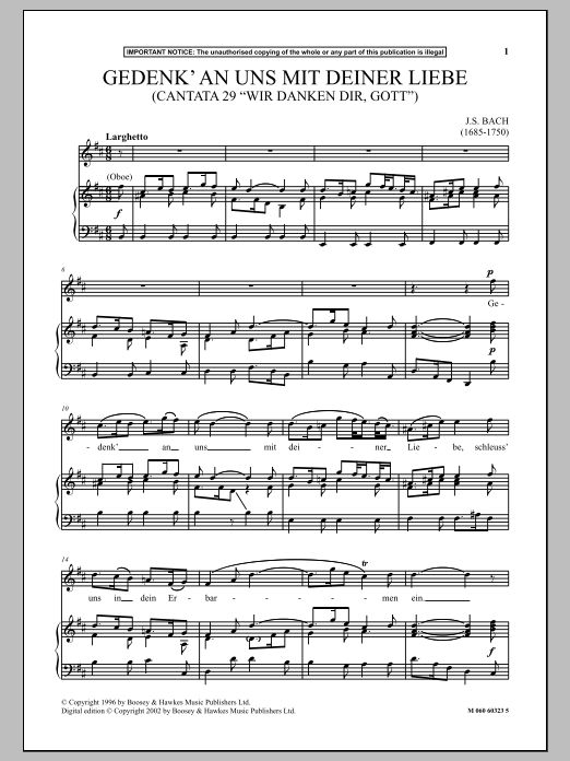 Download J.S. Bach Gedenk An Uns Mit Deiner Liebe (Cantata 29 Wir Danken Dir, Gott ) Sheet Music and learn how to play Piano & Vocal PDF digital score in minutes