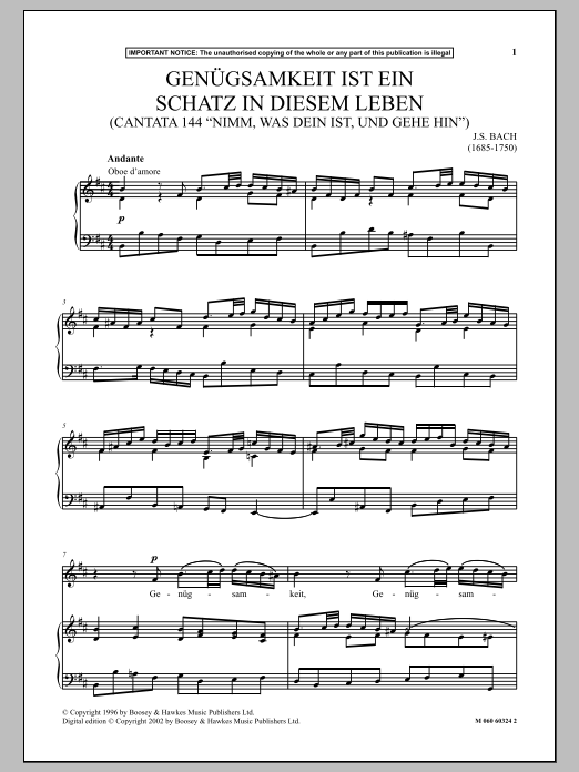 Download J.S. Bach Genugsamkeit Ist Ein Schatz In Diesem Leben (Cantata 144 Nimm, Was Dein Ist, Und Sheet Music and learn how to play Piano & Vocal PDF digital score in minutes