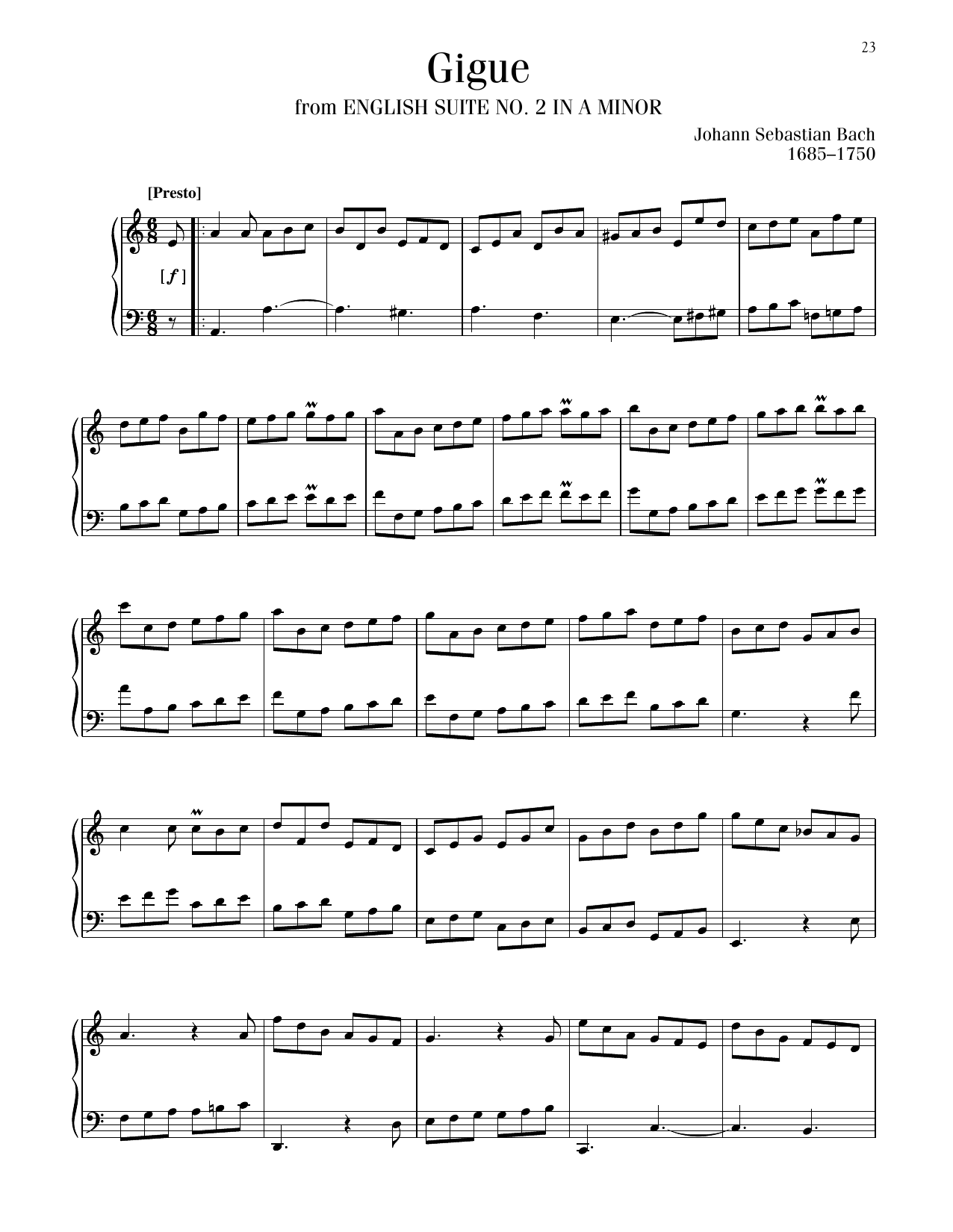 Download Johann Sebastian Bach Gigue, BWV 807 Sheet Music and learn how to play Piano Solo PDF digital score in minutes