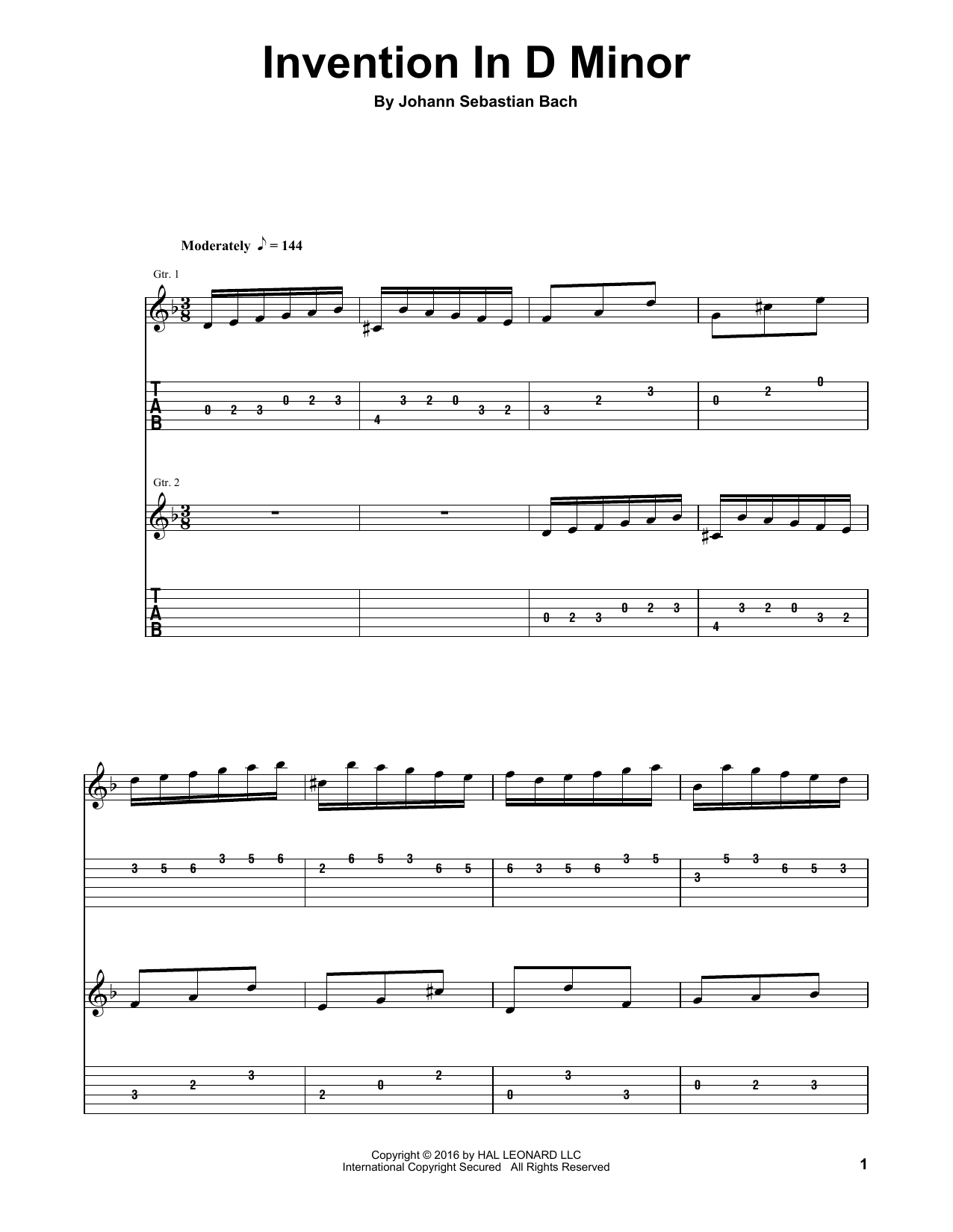 Download Johann Sebastian Bach Invention In D Minor Sheet Music and learn how to play Guitar Tab Play-Along PDF digital score in minutes