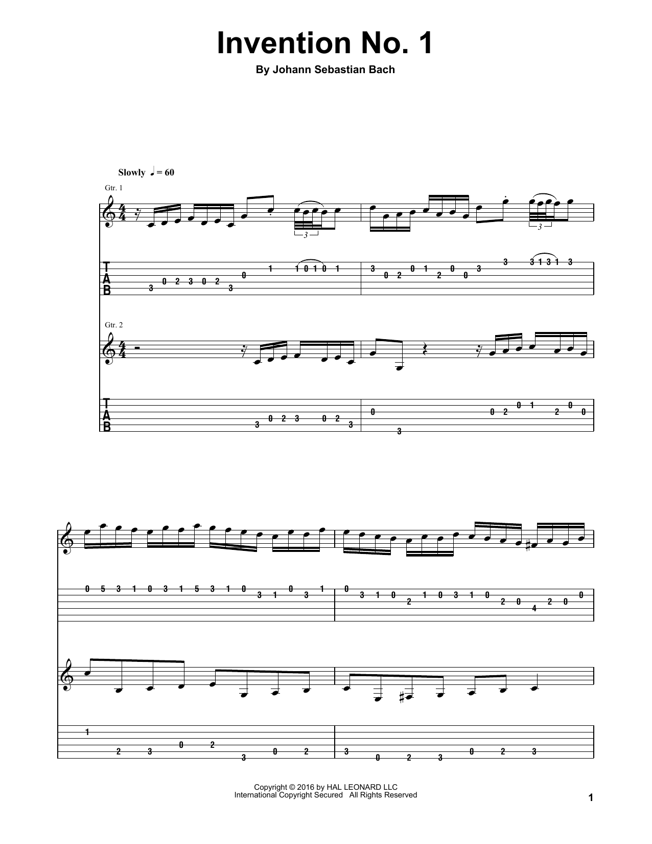 Download Johann Sebastian Bach Invention No. 1 Sheet Music and learn how to play Guitar Tab Play-Along PDF digital score in minutes