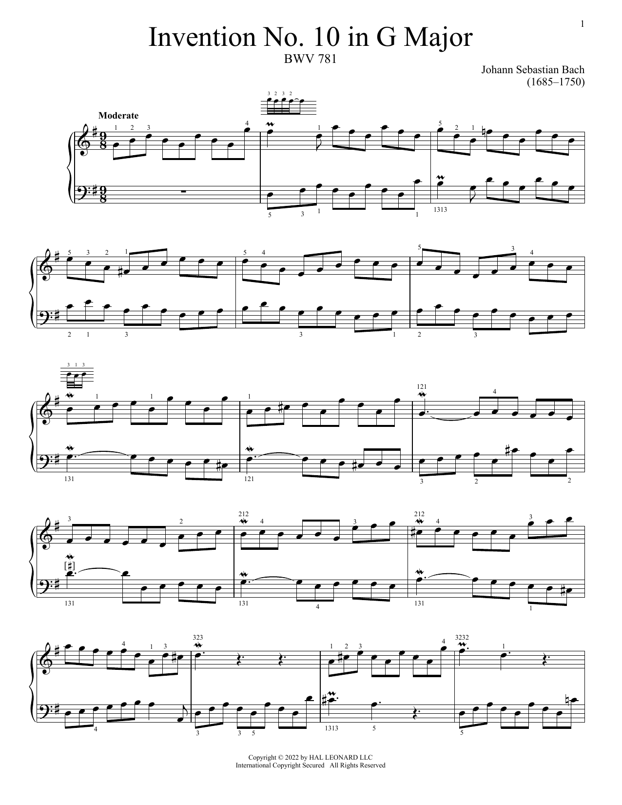 Download Johann Sebastian Bach Invention No. 10 In G Major, BWV 781 Sheet Music and learn how to play Piano Solo PDF digital score in minutes