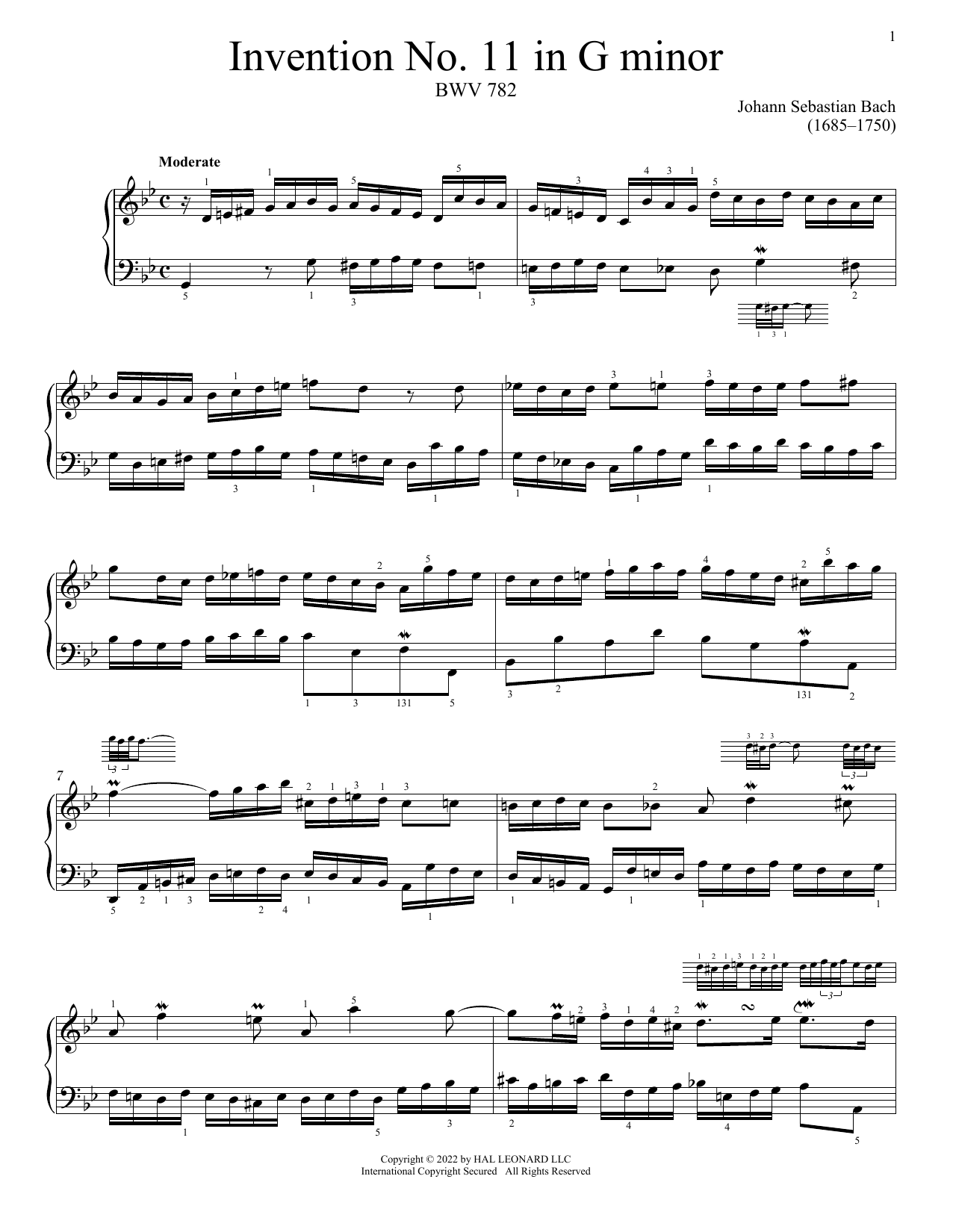 Download Johann Sebastian Bach Invention No. 11 In G Minor, BWV 782 Sheet Music and learn how to play Piano Solo PDF digital score in minutes