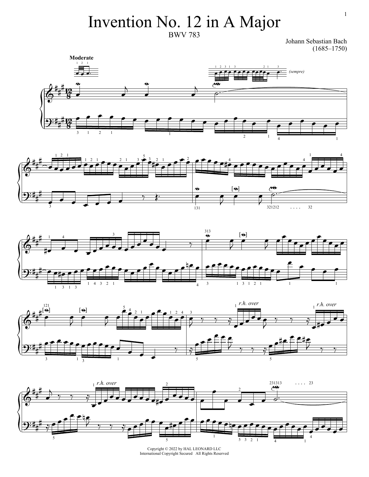 Download Johann Sebastian Bach Invention No. 12 In A Major, BWV 783 Sheet Music and learn how to play Piano Solo PDF digital score in minutes