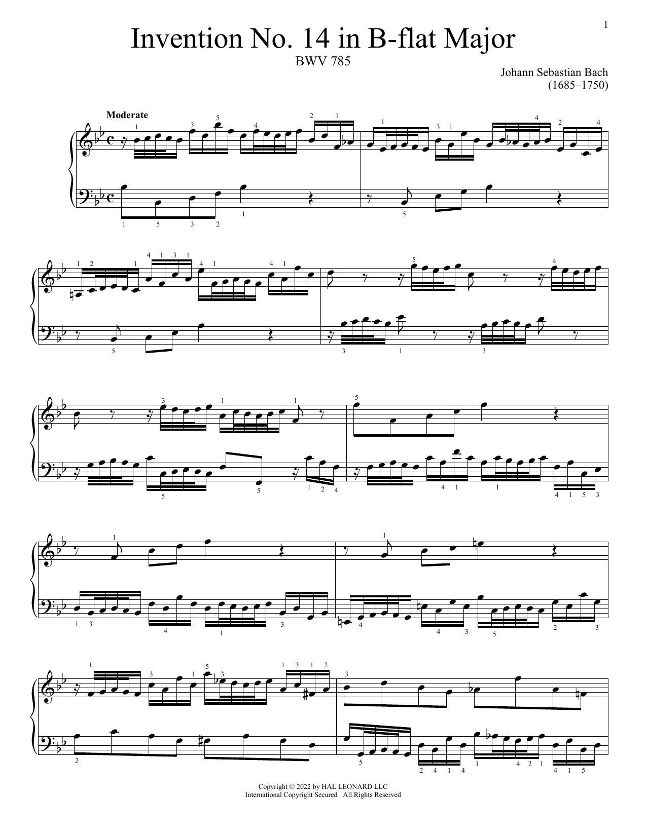 Download Johann Sebastian Bach Invention No. 14 In B-Flat Major, BWV 785 Sheet Music and learn how to play Piano Solo PDF digital score in minutes