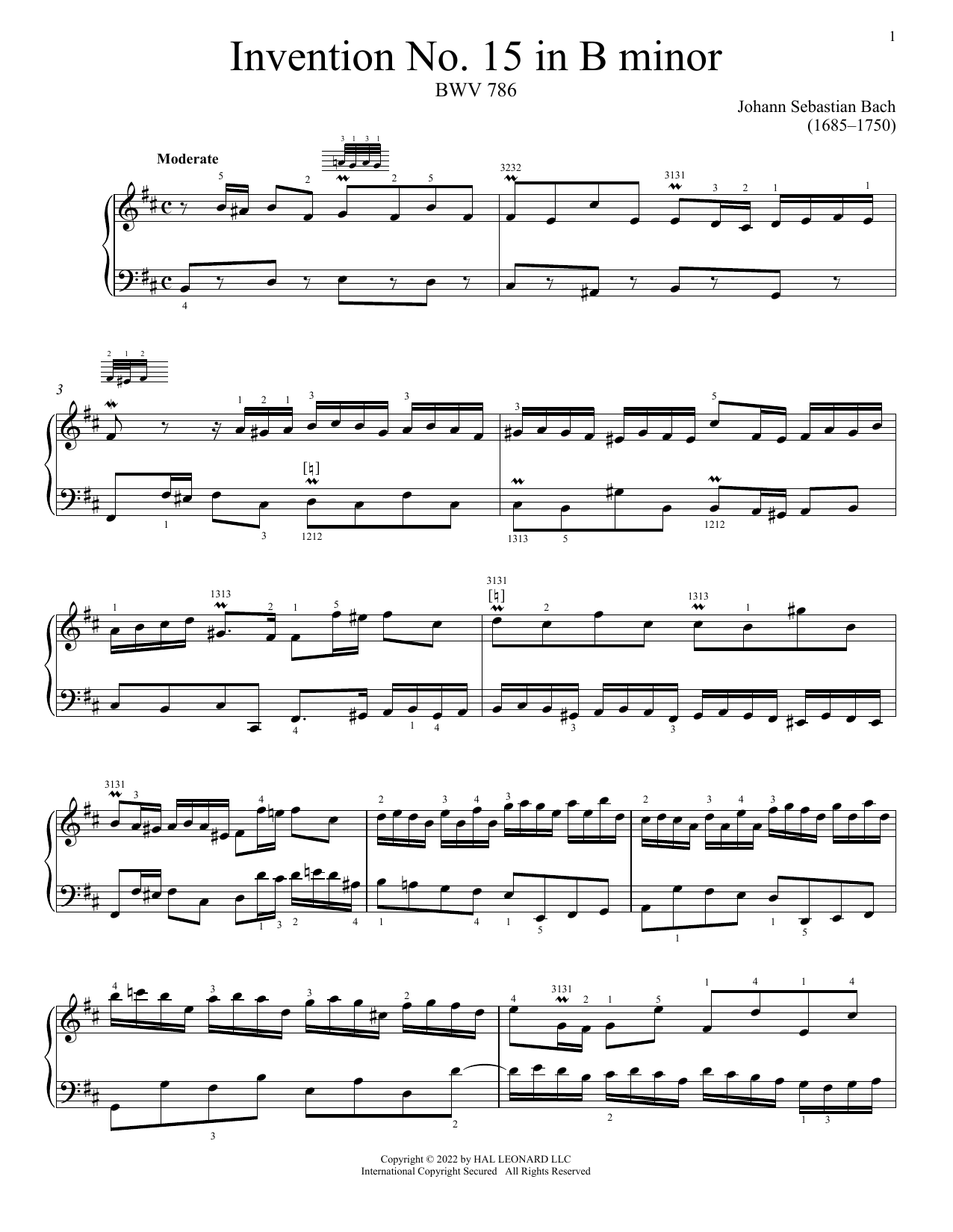 Download Johann Sebastian Bach Invention No. 15 In B Minor, BWV 786 Sheet Music and learn how to play Piano Solo PDF digital score in minutes