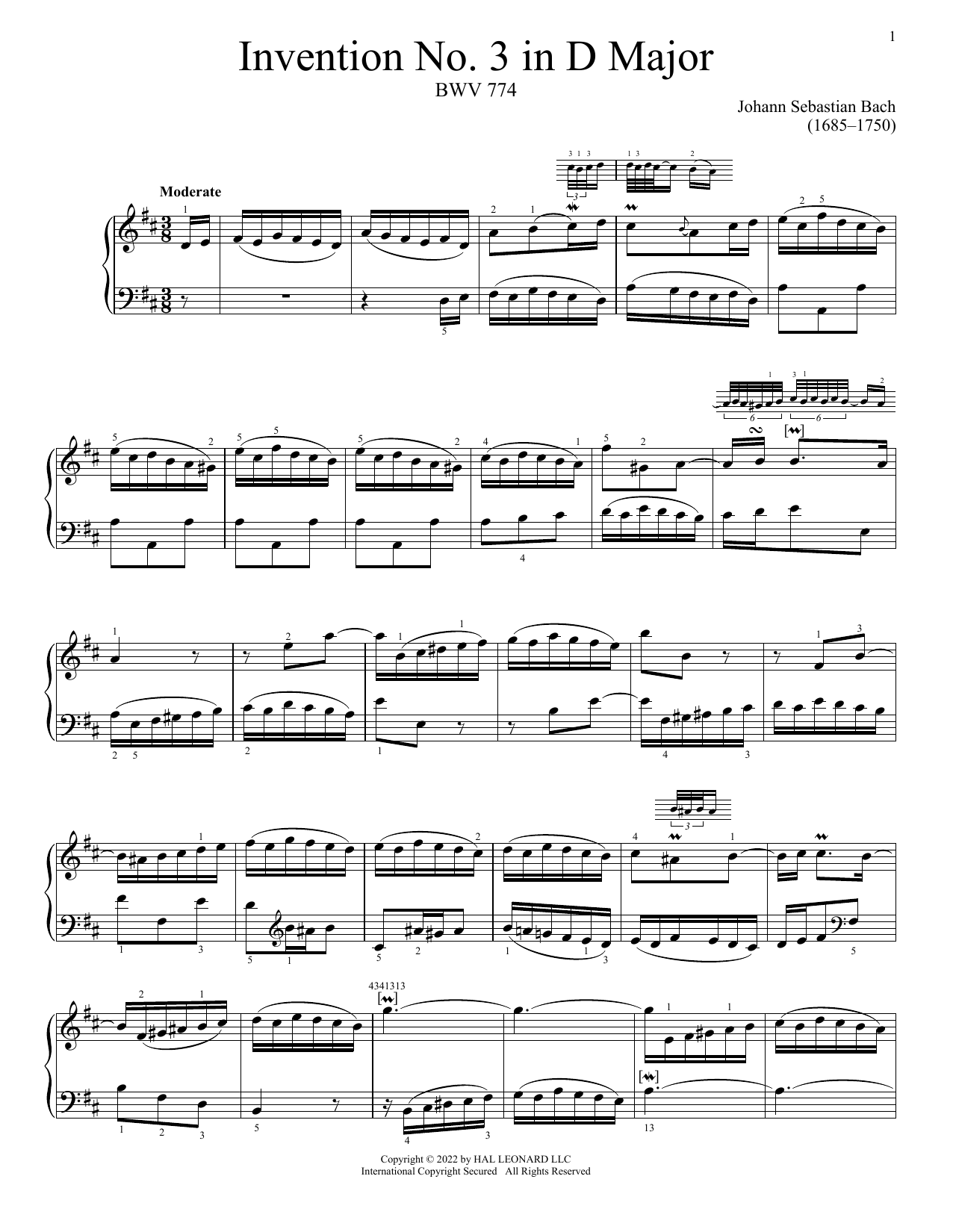 Download Johann Sebastian Bach Invention No. 3 In D Major, BWV 774 Sheet Music and learn how to play Piano Solo PDF digital score in minutes