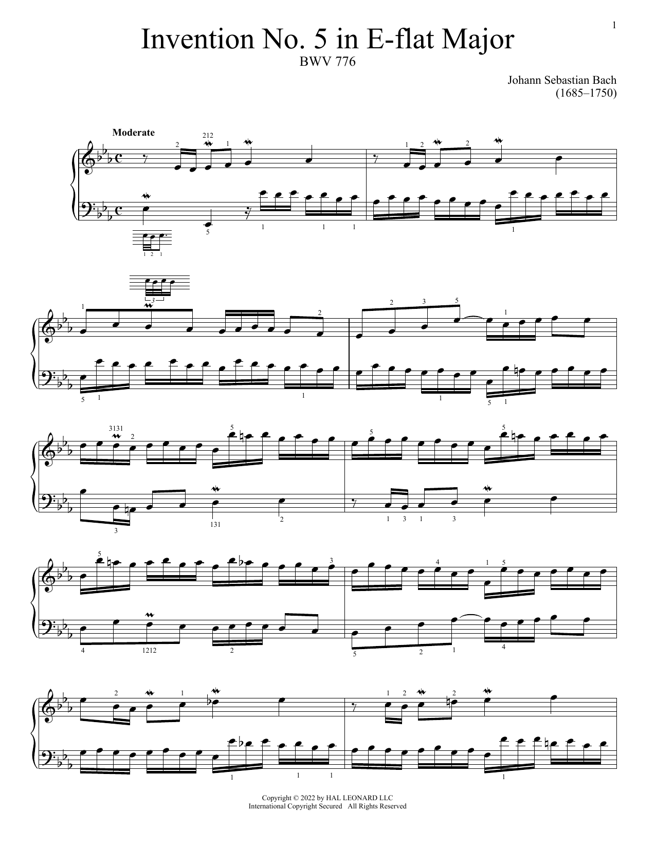 Download Johann Sebastian Bach Invention No. 5 In E-Flat Major, BWV 776 Sheet Music and learn how to play Piano Solo PDF digital score in minutes