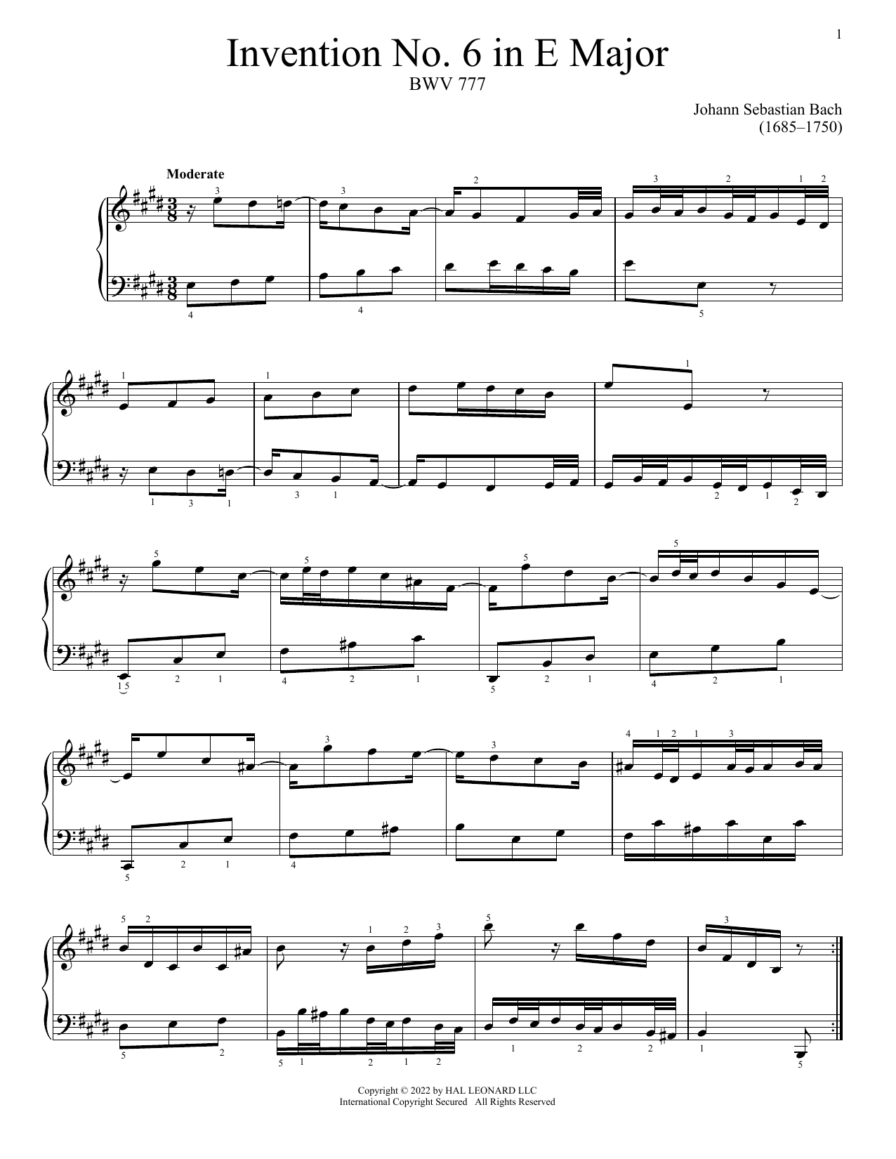 Download Johann Sebastian Bach Invention No. 6 In E Major, BWV 777 Sheet Music and learn how to play Piano Solo PDF digital score in minutes
