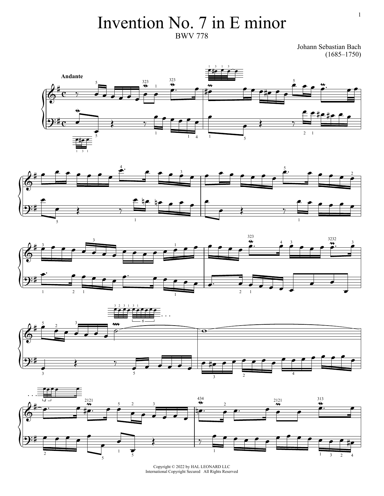 Download Johann Sebastian Bach Invention No. 7 In E Minor, BWV 778 Sheet Music and learn how to play Piano Solo PDF digital score in minutes