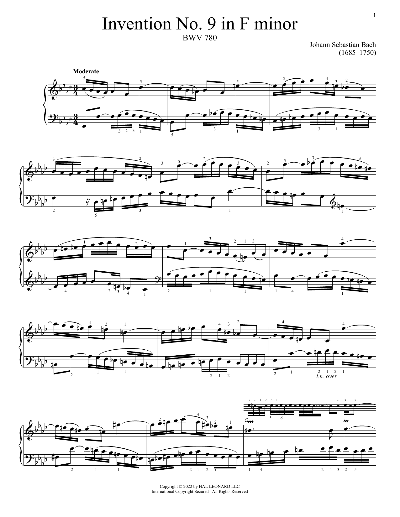 Download Johann Sebastian Bach Invention No. 9 In F Minor, BWV 780 Sheet Music and learn how to play Piano Solo PDF digital score in minutes