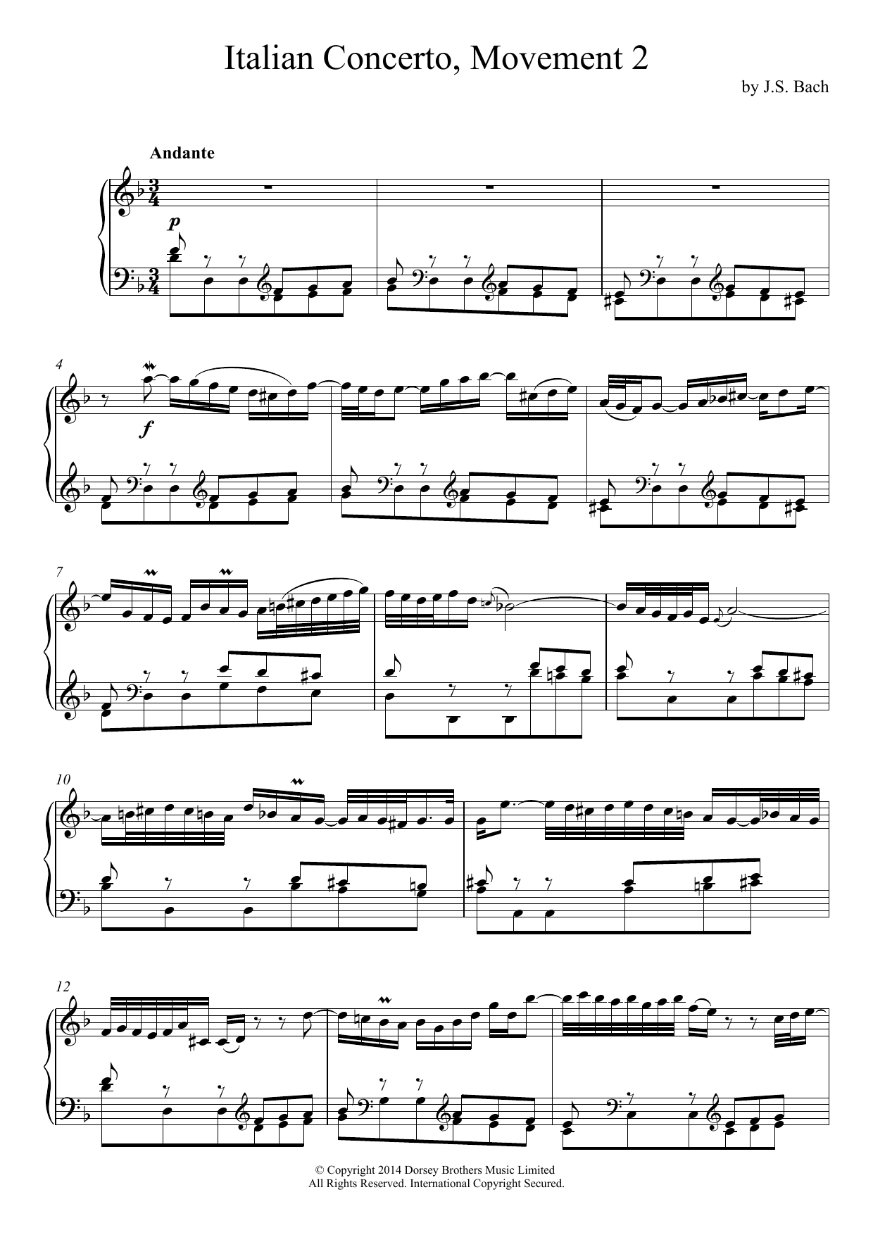 Download J.S. Bach Italian Concerto (2nd Movement: Andante) Sheet Music and learn how to play Piano PDF digital score in minutes