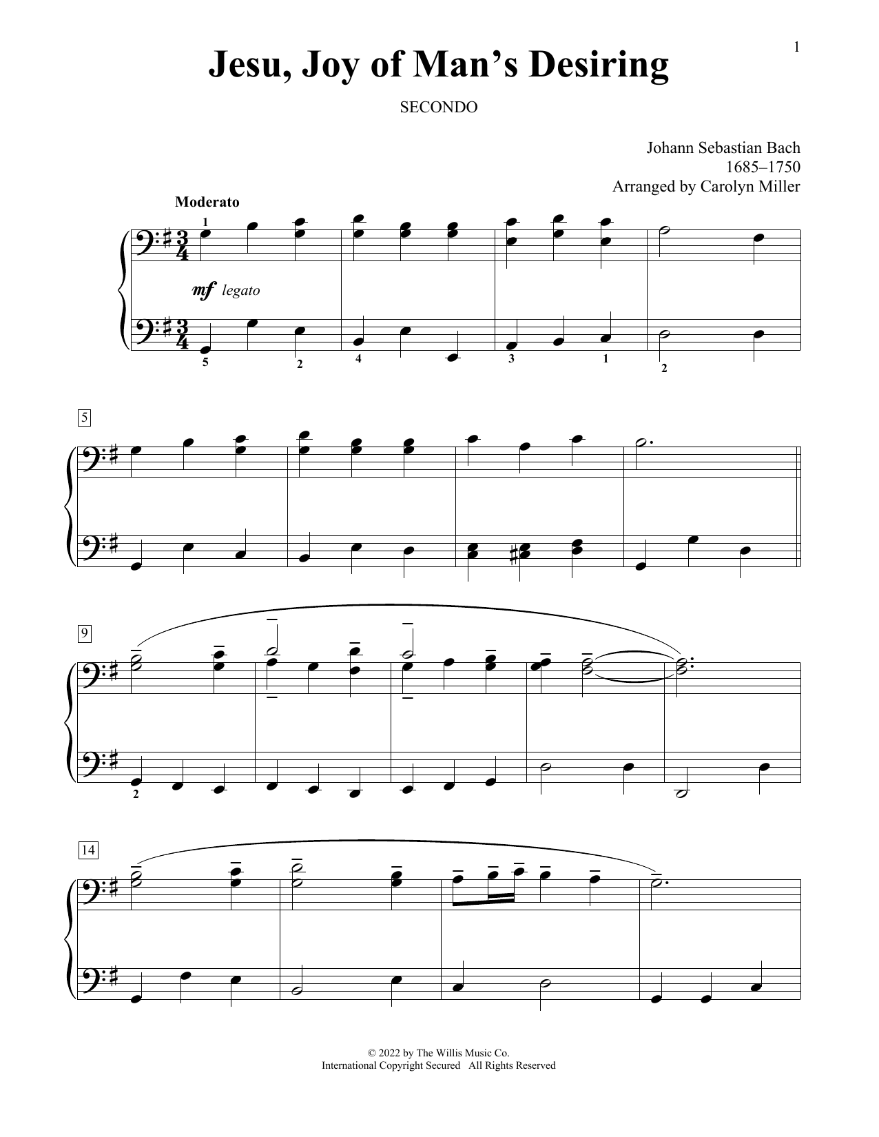 Download Johann Sebastian Bach Jesu, Joy Of Man's Desiring (arr. Carolyn Miller) Sheet Music and learn how to play Piano Duet PDF digital score in minutes