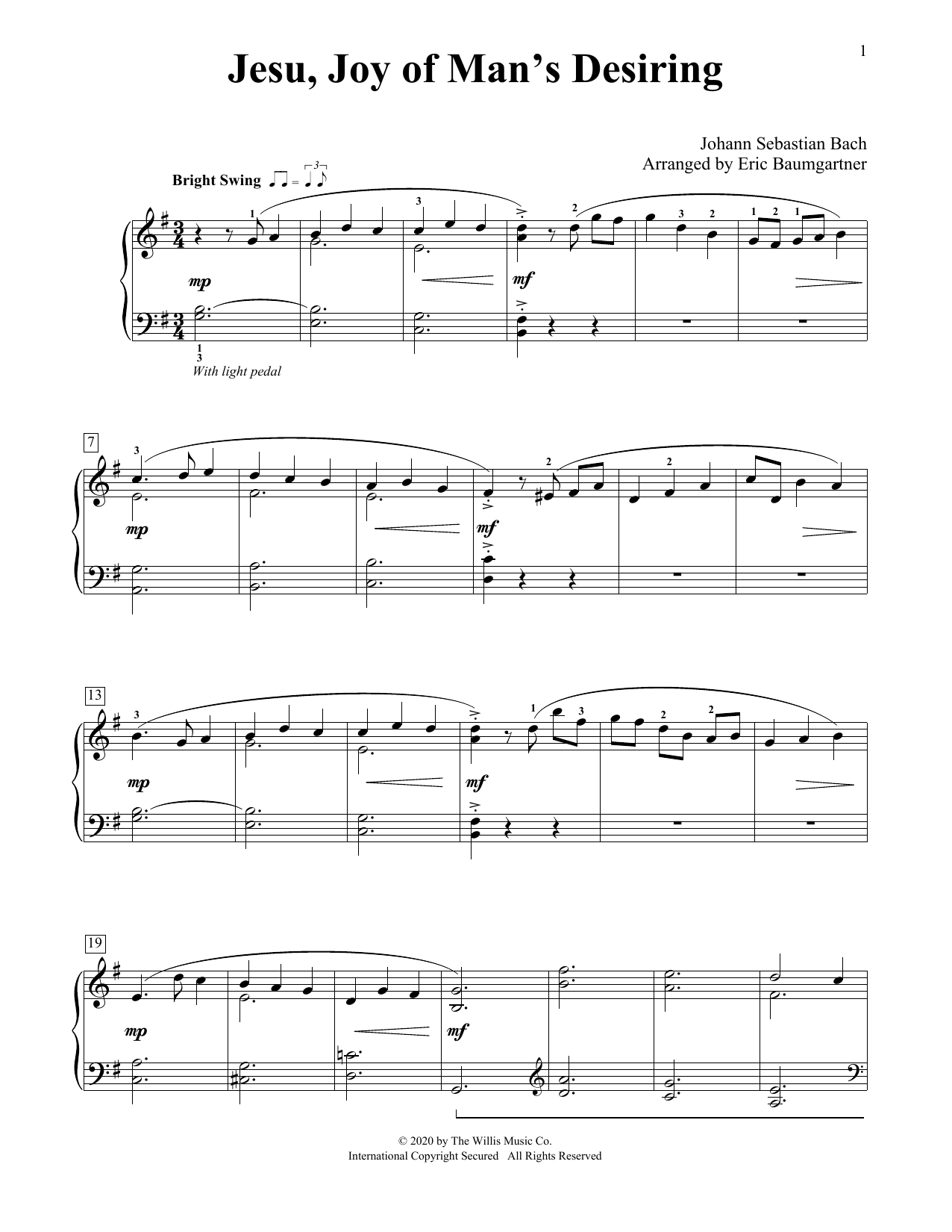 Download Johann Sebastian Bach Jesu, Joy Of Man's Desiring [Jazz version] (arr. Eric Baumgartner) Sheet Music and learn how to play Educational Piano PDF digital score in minutes