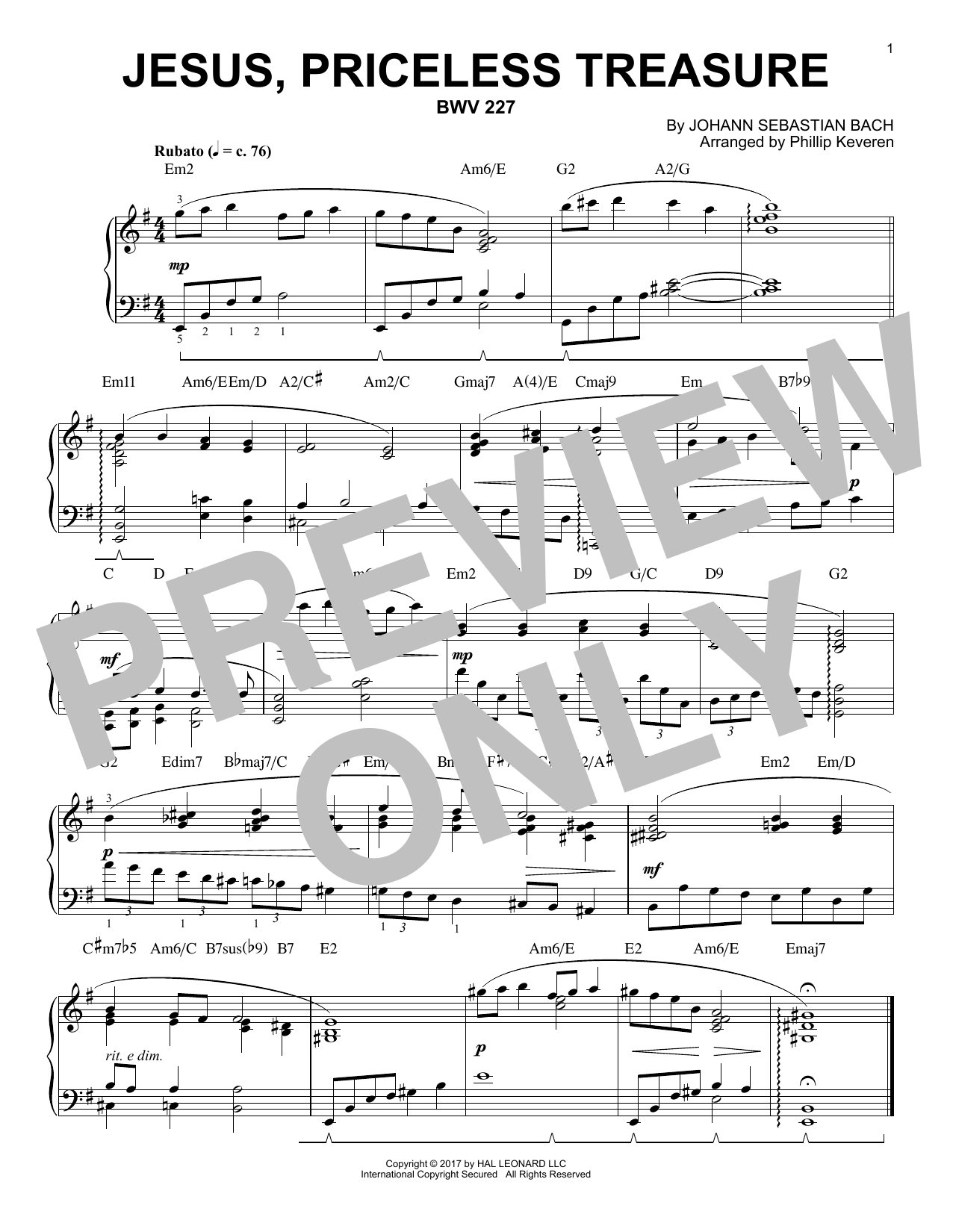 Download Phillip Keveren Jesus, Priceless Treasure, BWV 227 Sheet Music and learn how to play Piano PDF digital score in minutes