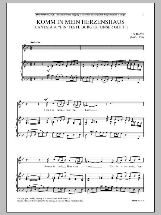 Download J.S. Bach Komm In Mein Herzenshaus (Cantata 80 Ein Feste Burg Ist Unser Gott) Sheet Music and learn how to play Piano & Vocal PDF digital score in minutes