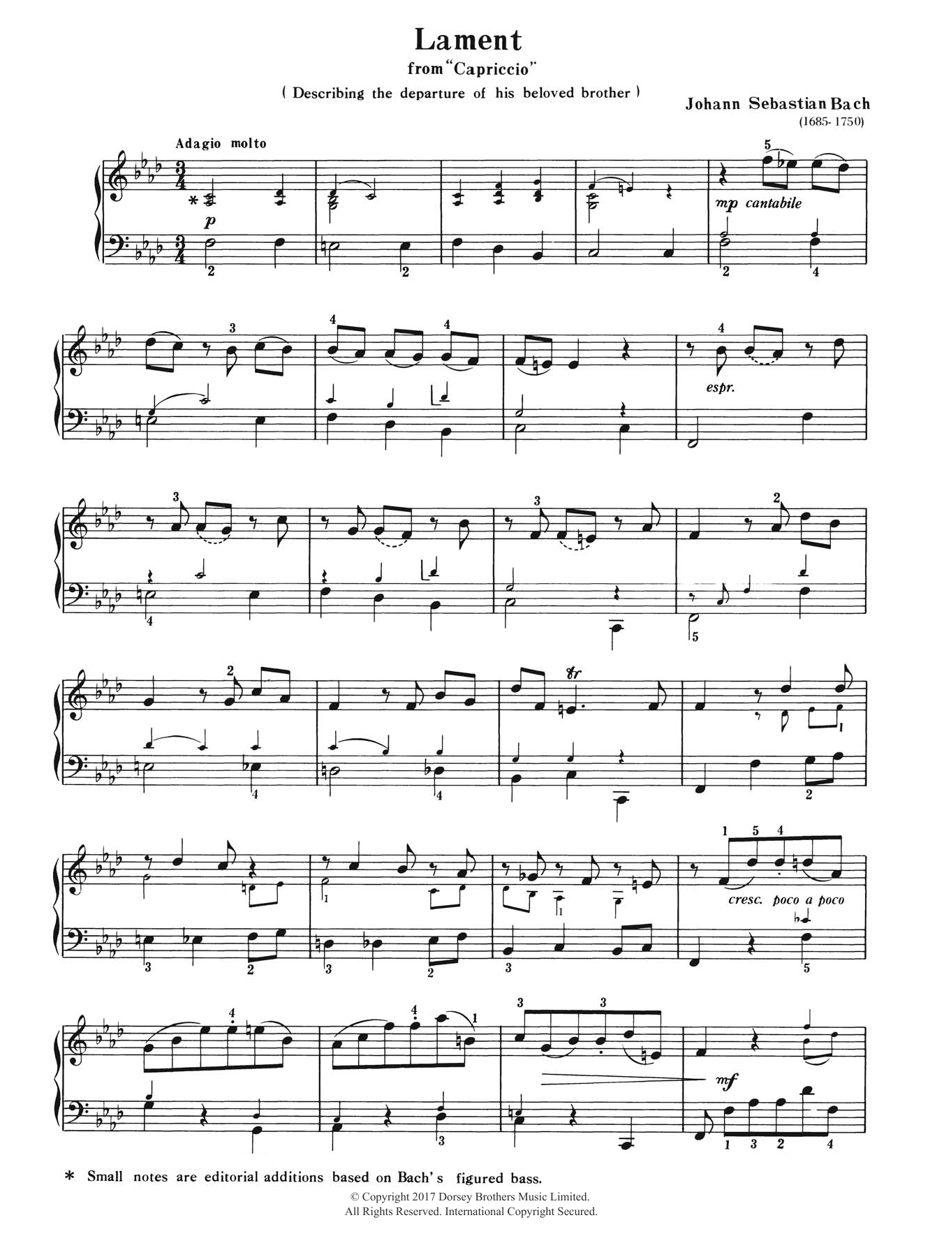 Download J.S. Bach Lament (from Capriccio) Sheet Music and learn how to play Piano PDF digital score in minutes