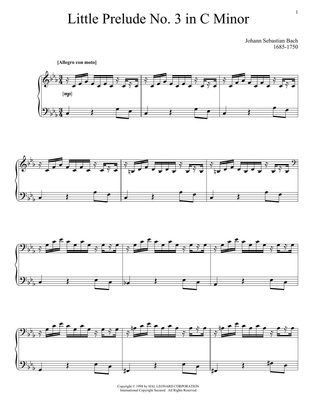 Download Johann Sebastian Bach Little Prelude No. 3 in C Minor Sheet Music and learn how to play Piano PDF digital score in minutes