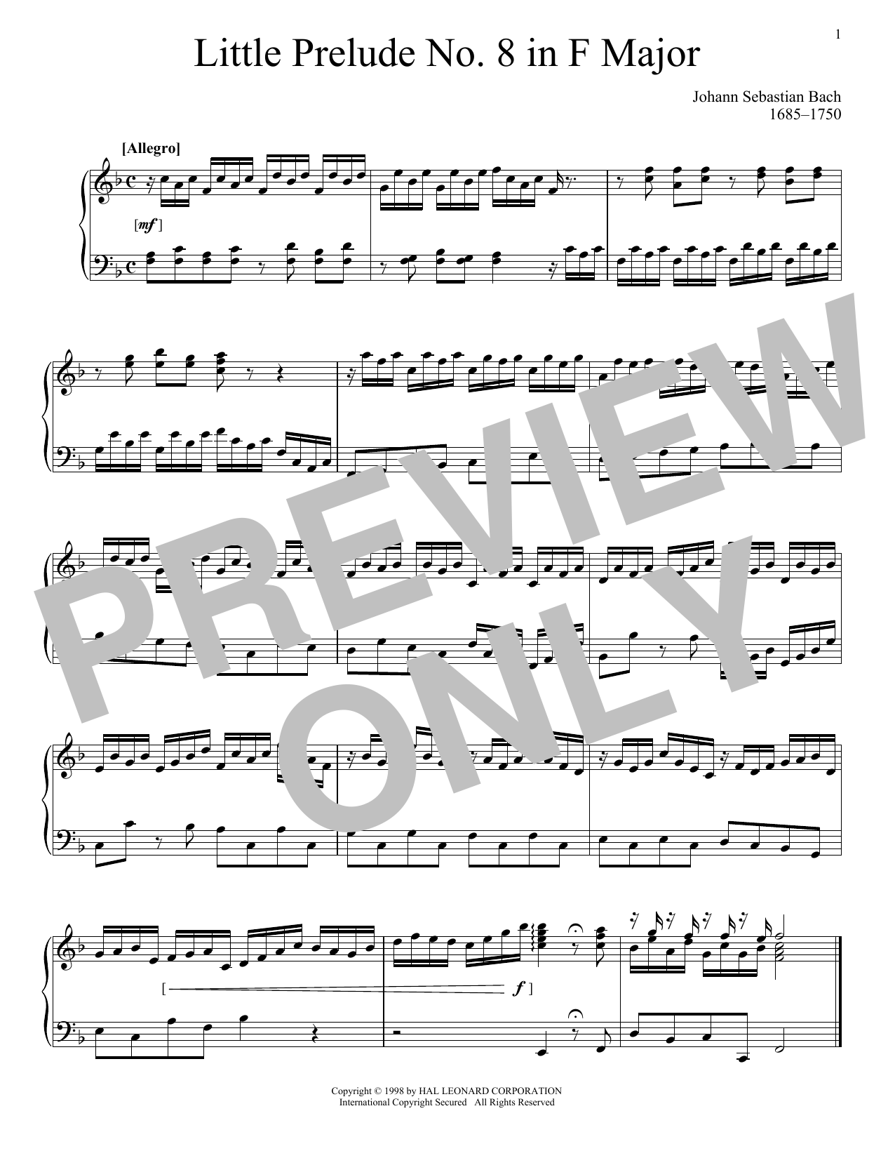 Download Johann Sebastian Bach Little Prelude No. 8 in F Major Sheet Music and learn how to play Piano PDF digital score in minutes
