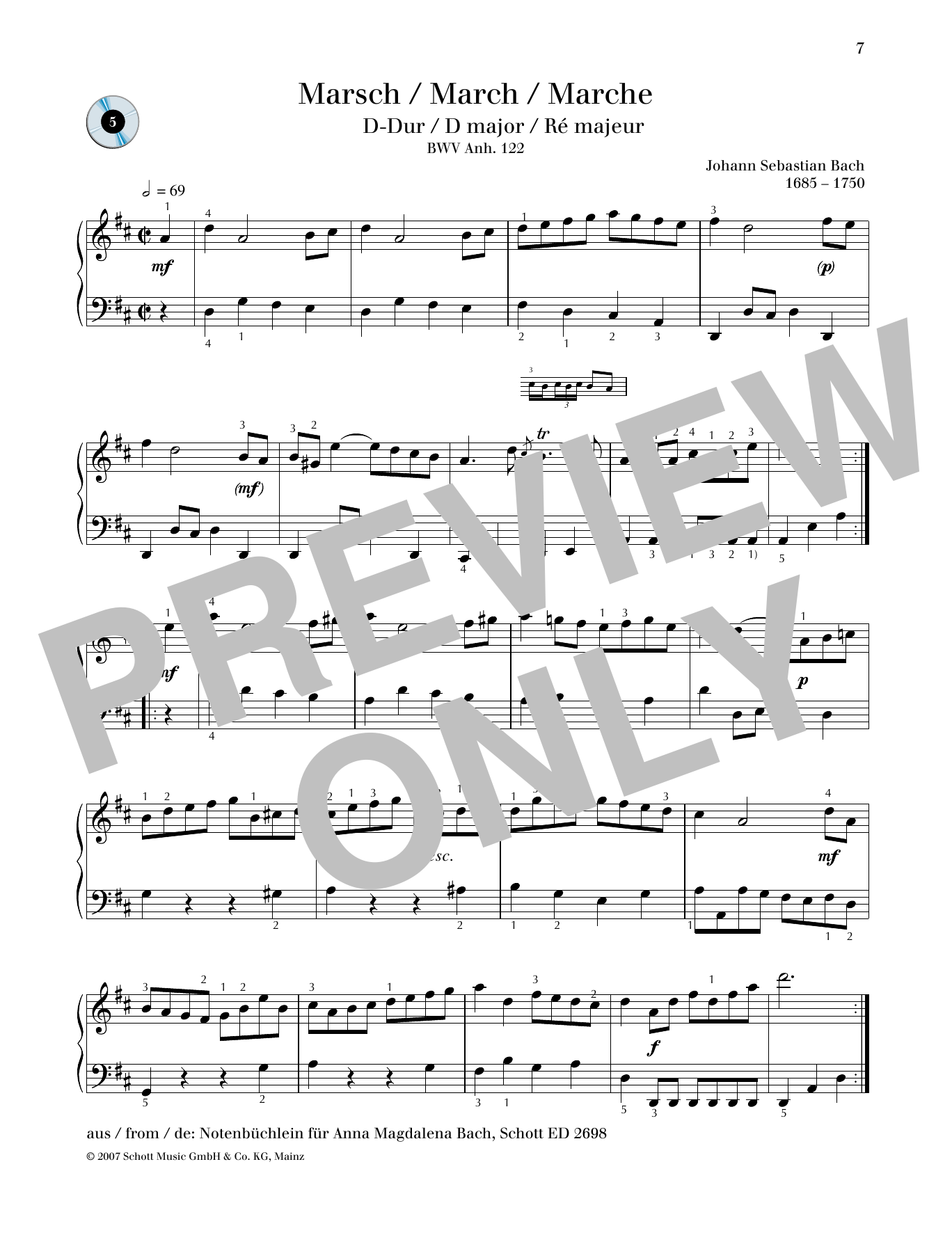 Download Johann Sebastian Bach March D major Sheet Music and learn how to play Piano Solo PDF digital score in minutes