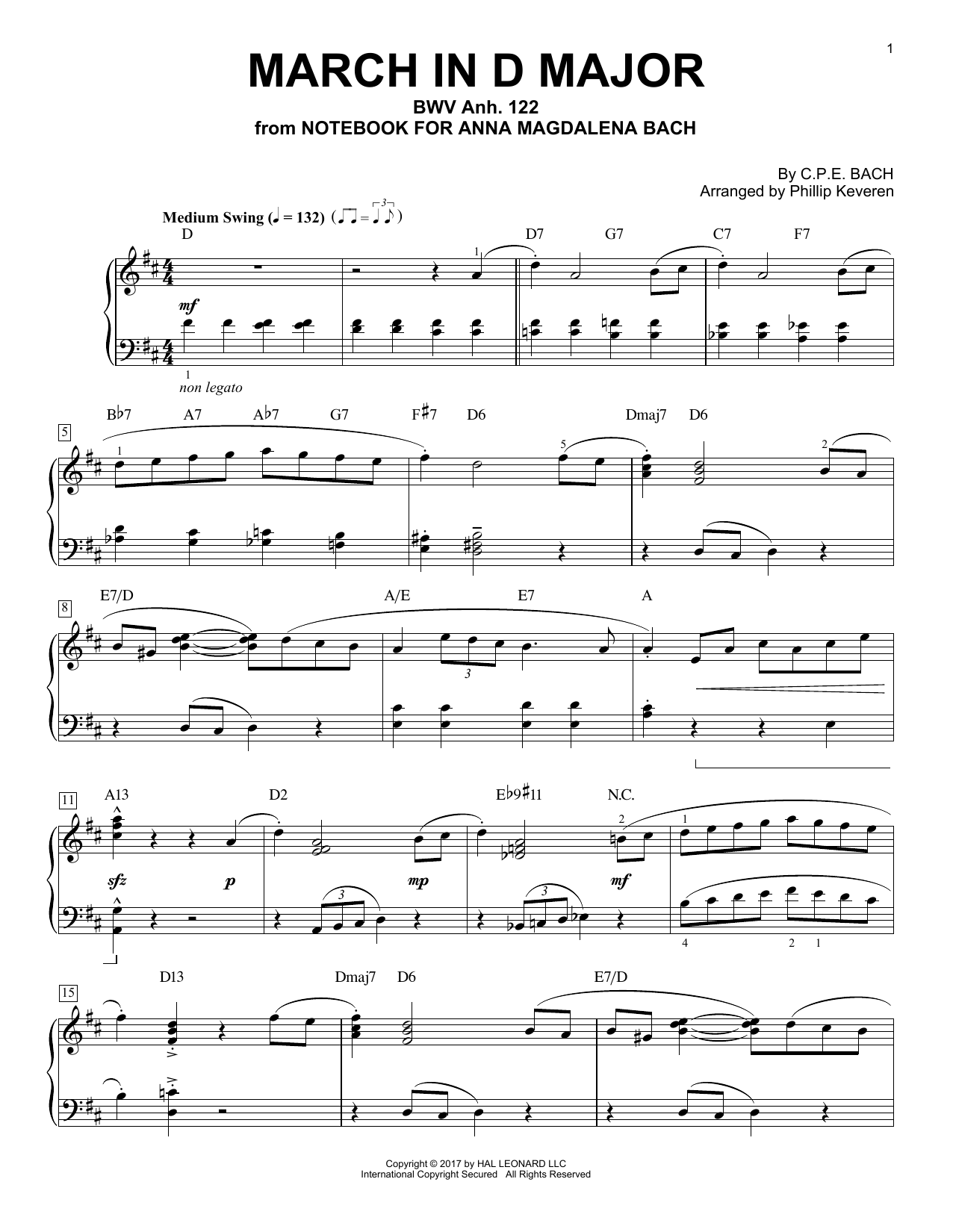 Download Phillip Keveren March In D Major, BWV Anh. 122 Sheet Music and learn how to play Piano PDF digital score in minutes