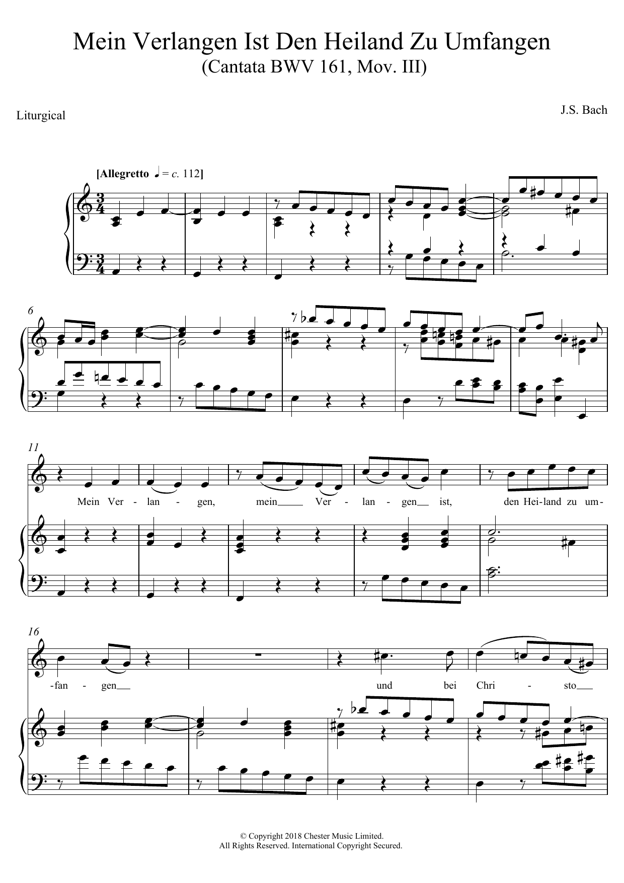 Download Johann Sebastian Bach Mein Verlangen Ist Den Heiland Zu Umfangen (Cantata BWV 161, Mov. III) Sheet Music and learn how to play Piano, Vocal & Guitar Chords PDF digital score in minutes