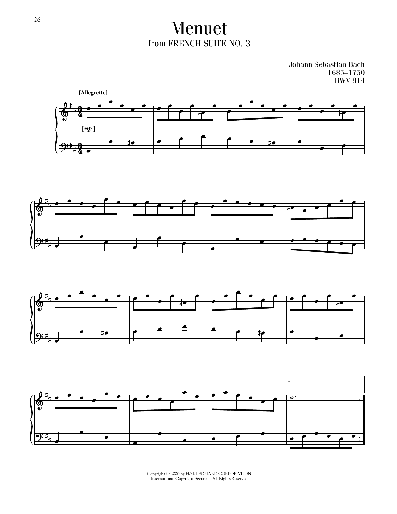 Download Johann Sebastian Bach Menuet I, BWV 814 Sheet Music and learn how to play Piano Solo PDF digital score in minutes