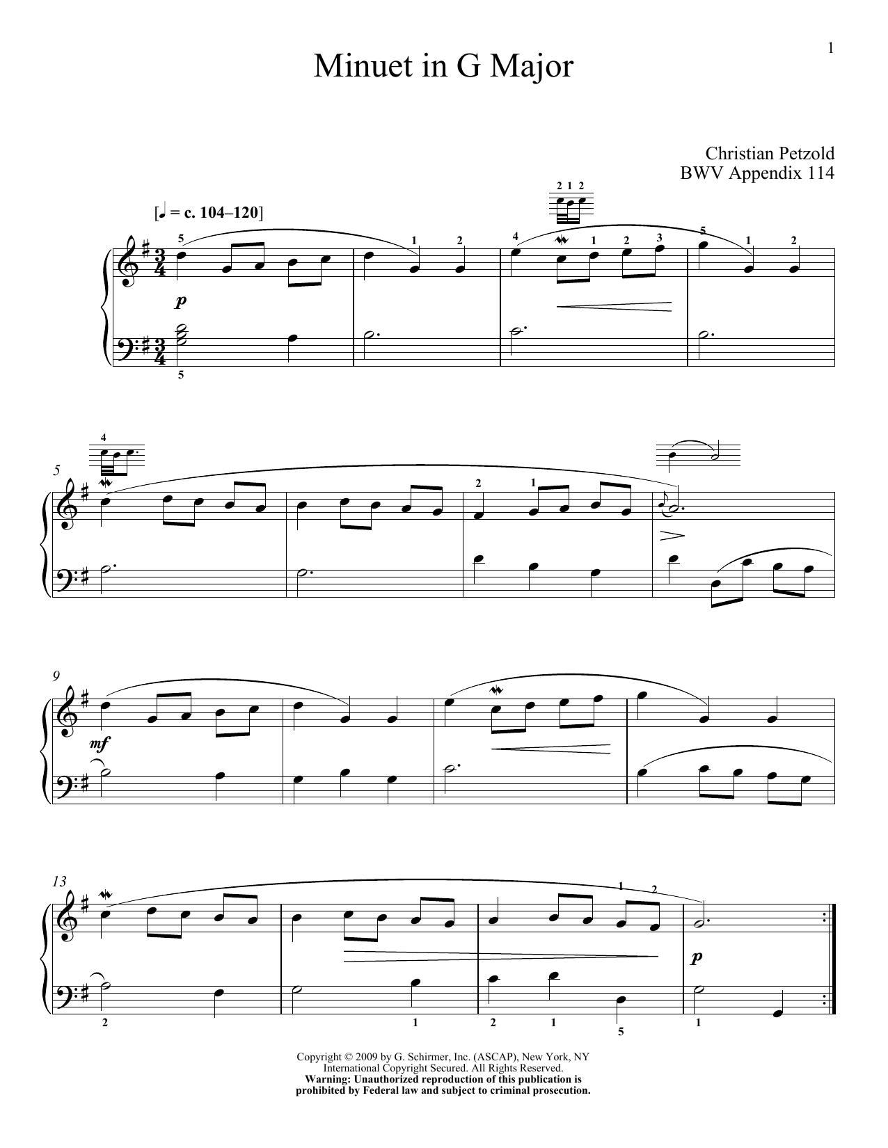 Download J.S. Bach Menuet In G Major, BWV App. 114 Sheet Music and learn how to play Piano PDF digital score in minutes